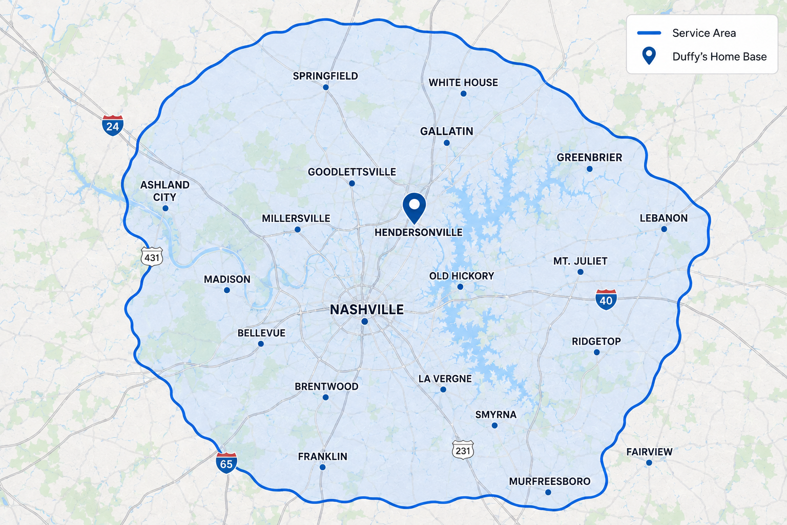 Map of Nashville, Tennessee area with a service area boundary in blue, showing Duffy's Home Base location legend, and several city labels within the service zone.