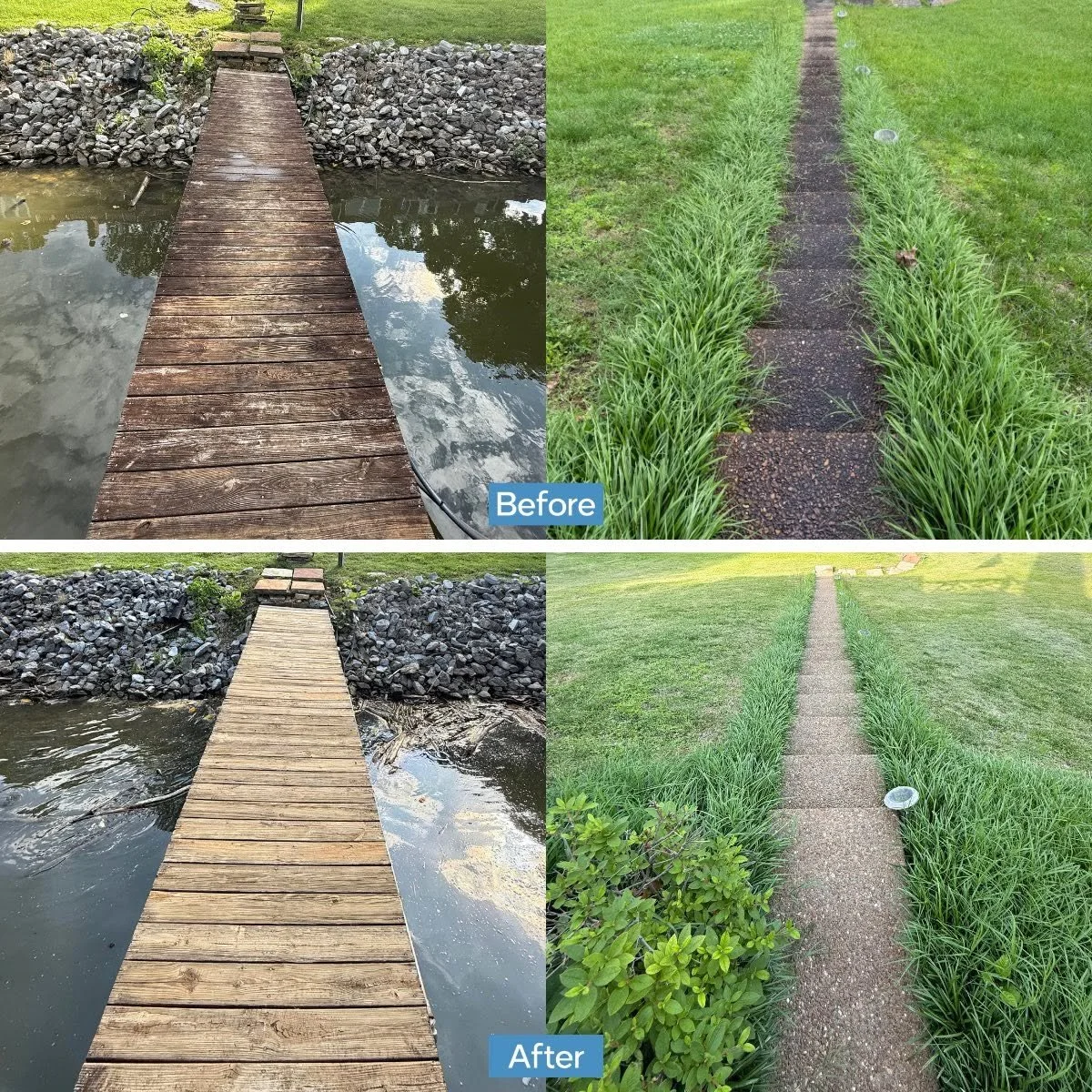 Side-by-side comparison of a small wooden footbridge over water and a narrow paved walking path, showing the area before and after cleaning or repair. The "before" images show the paths with dirt and overgrown grass, while the "after" images show the