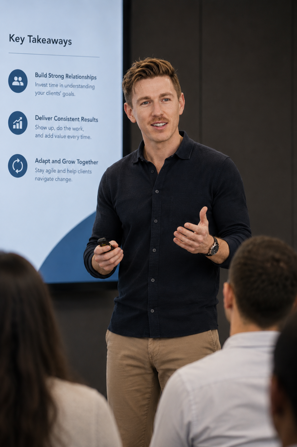 Taylor Hetherington giving a presentation with key takeaways listed on a screen behind him, including building strong relationships, delivering consistent results, and adapting and growing together.