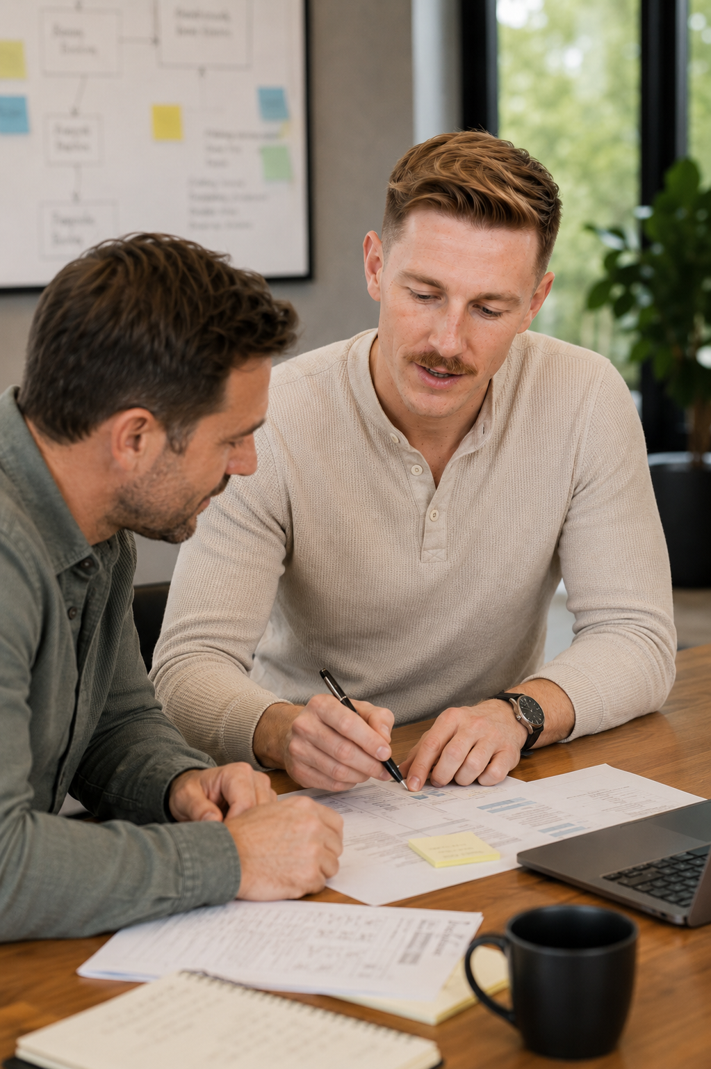 Taylor Hetherington and a client working together at a desk, reviewing documents and using a laptop in an office with a large window and a whiteboard in the background.