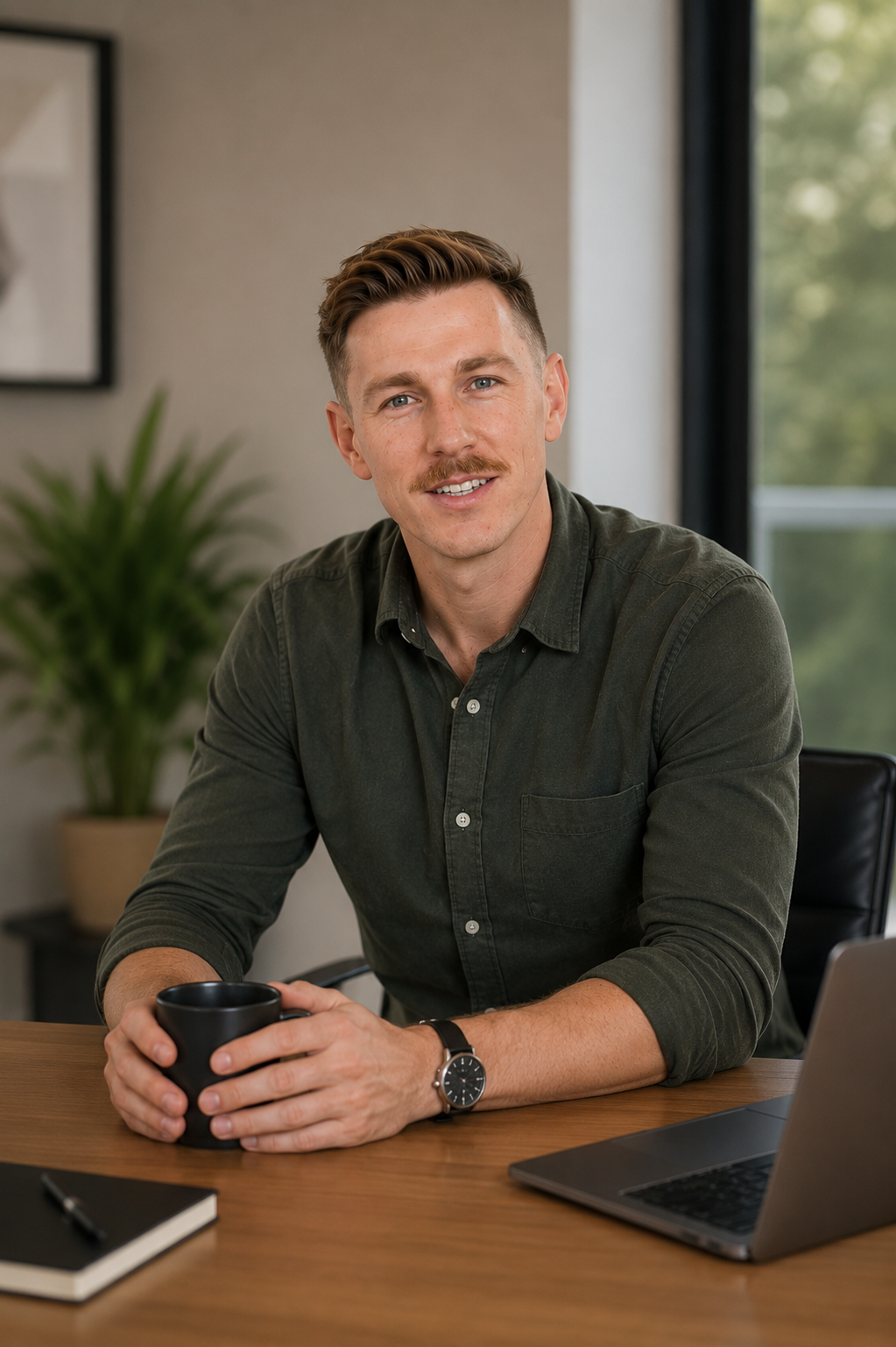 Taylor Hetherington sitting at a desk, holding a black mug and smiling at the camera. There is a potted plant and a window in the background, along with a closed laptop, a notebook, and a pen on the desk.
