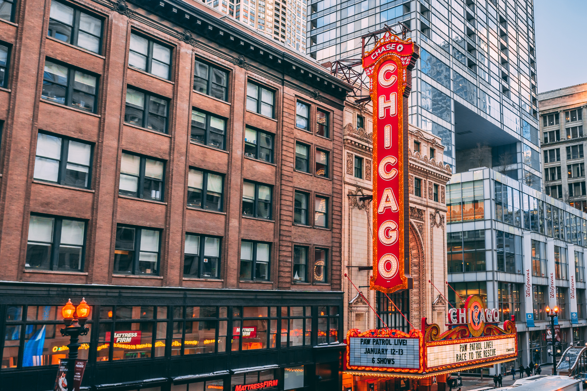 The image shows the Chicago Theatre marquee with a bright red vertical sign and ornate architecture, set against modern glass buildings in downtown Chicago. The marquee advertises a 'Paw Patrol Live!' event scheduled for January 12-13 with six shows.
