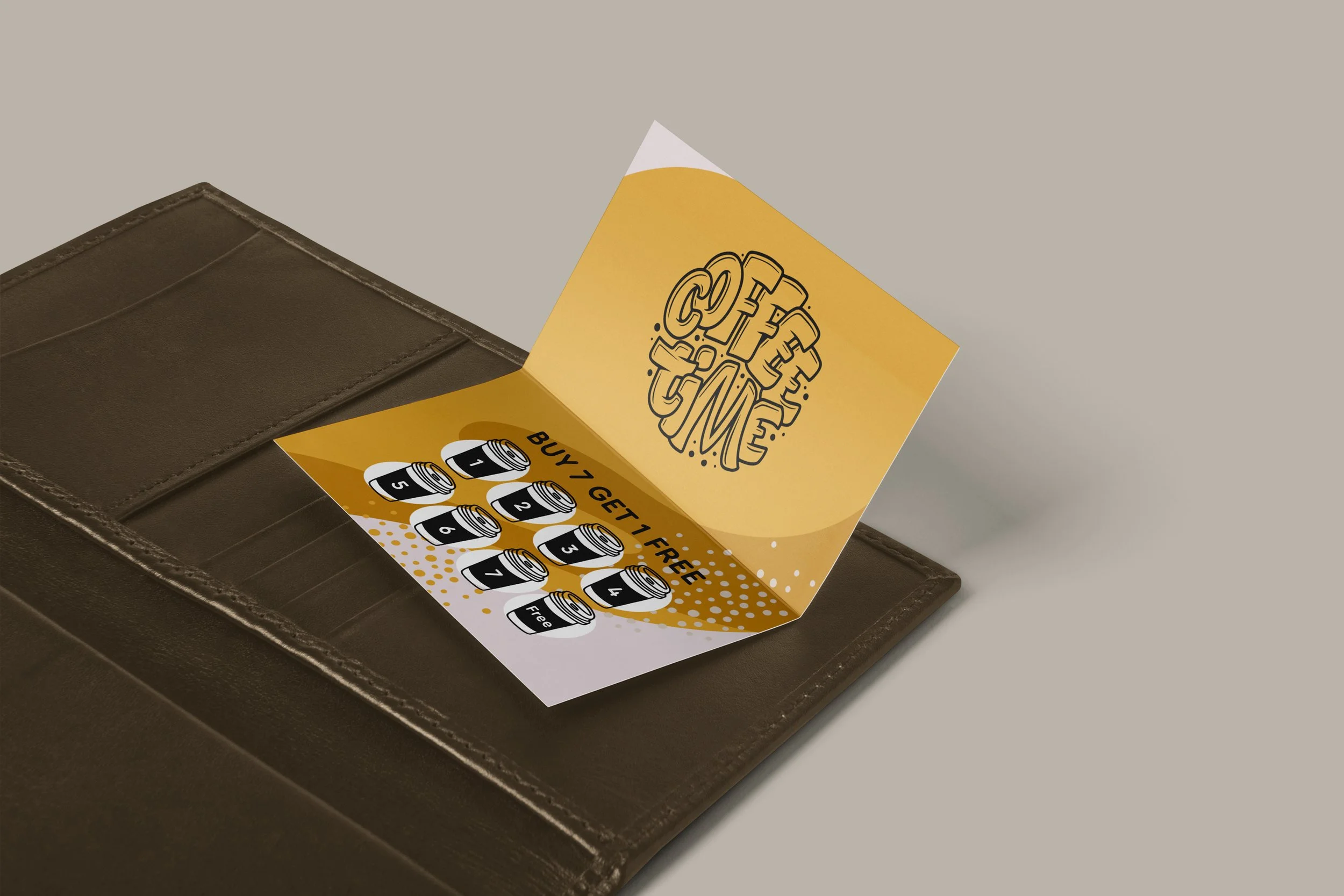 A flyer or card showing a promotion for buy 7 get 1 free, featuring images of cans with numbers from 1 to 6, placed on a black leather surface.