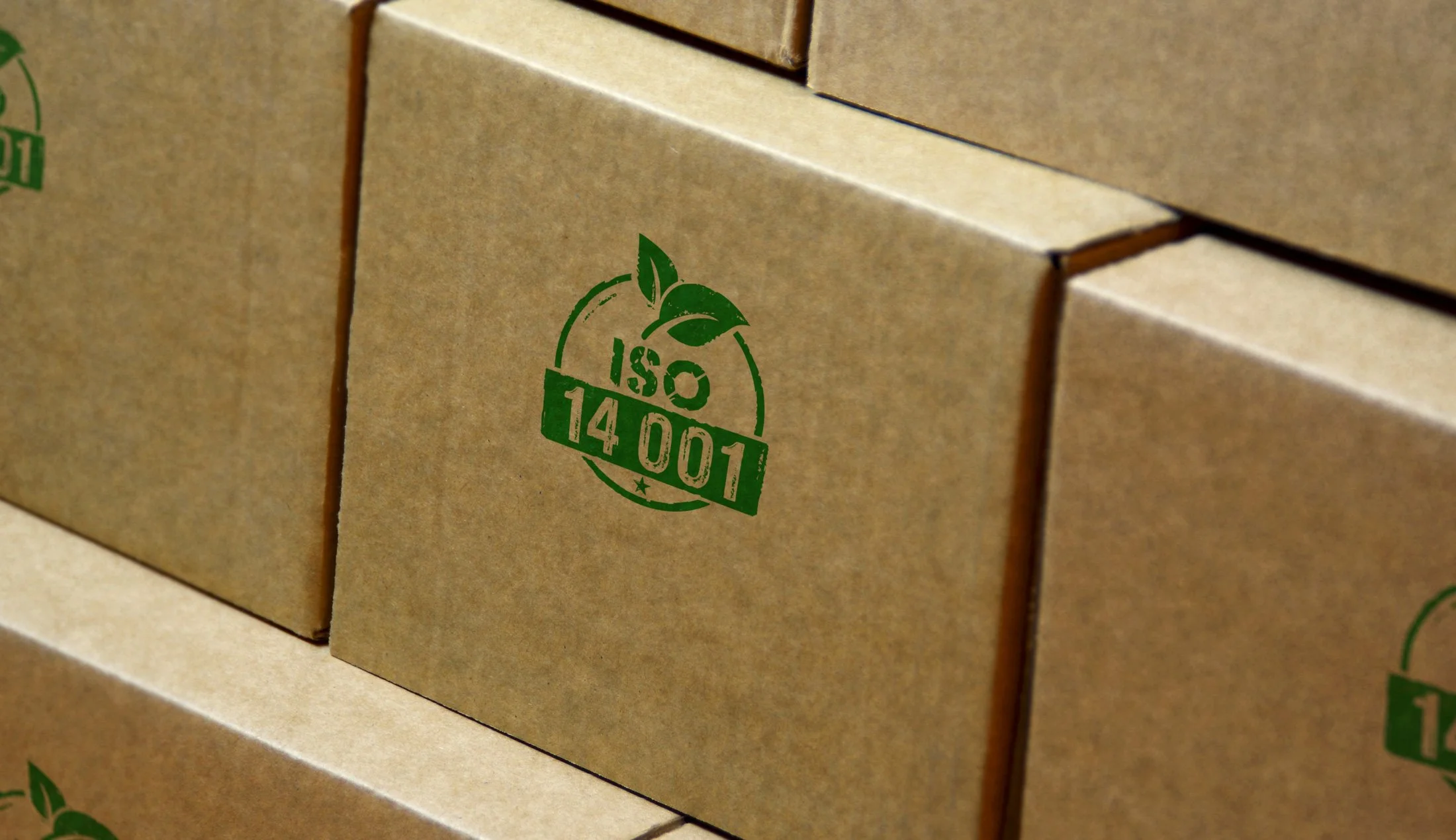Brown cardboard boxes stacked together with green ISO 14001 certification stamp on the side.