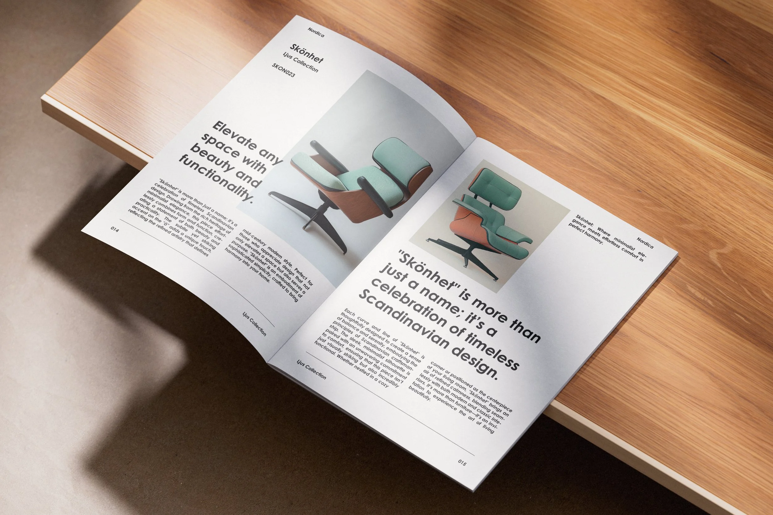 Open magazine on a wooden table showing furniture designs with a focus on modern chairs and an article about Scandinavian furniture design.