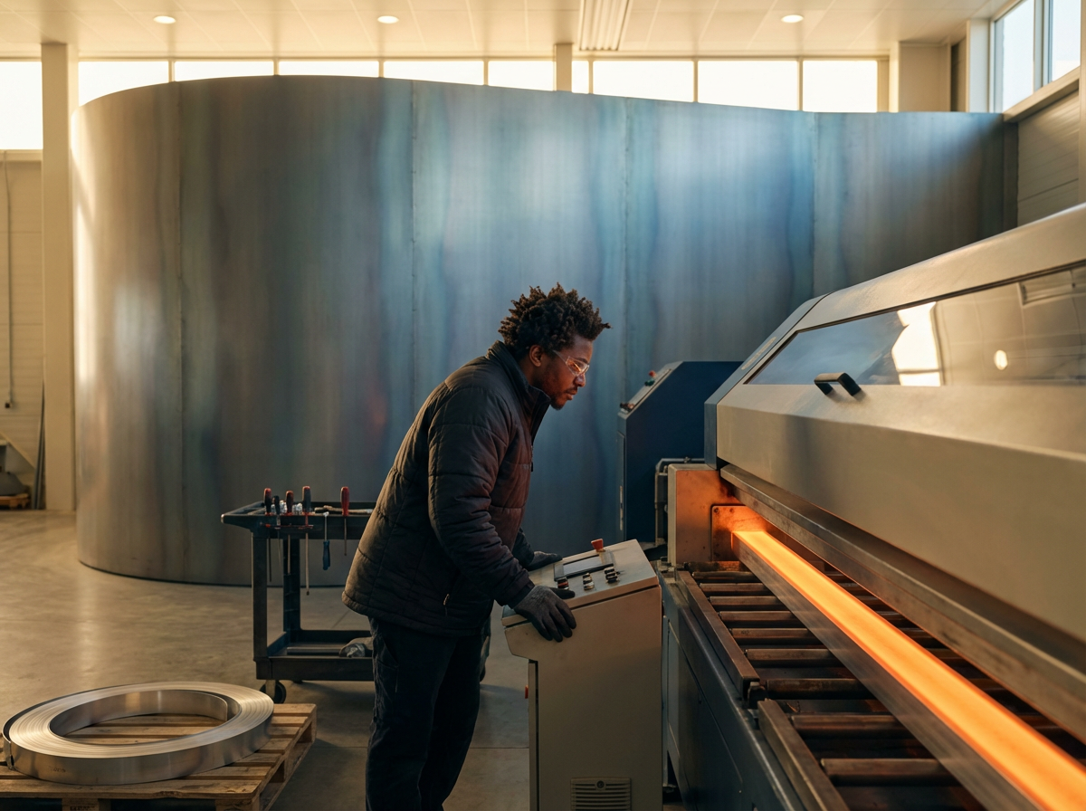 A man operating a large industrial machine in a modern workshop or factory with large windows and blue curved wall.