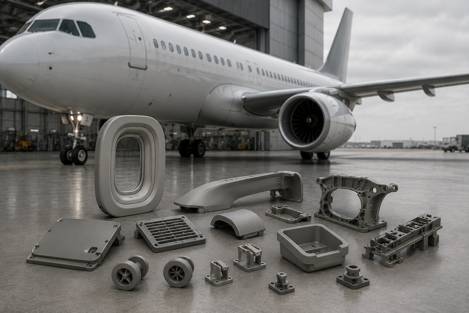 Various aircraft parts laid out on the tarmac with a large commercial airplane in the background at an airport hangar.
