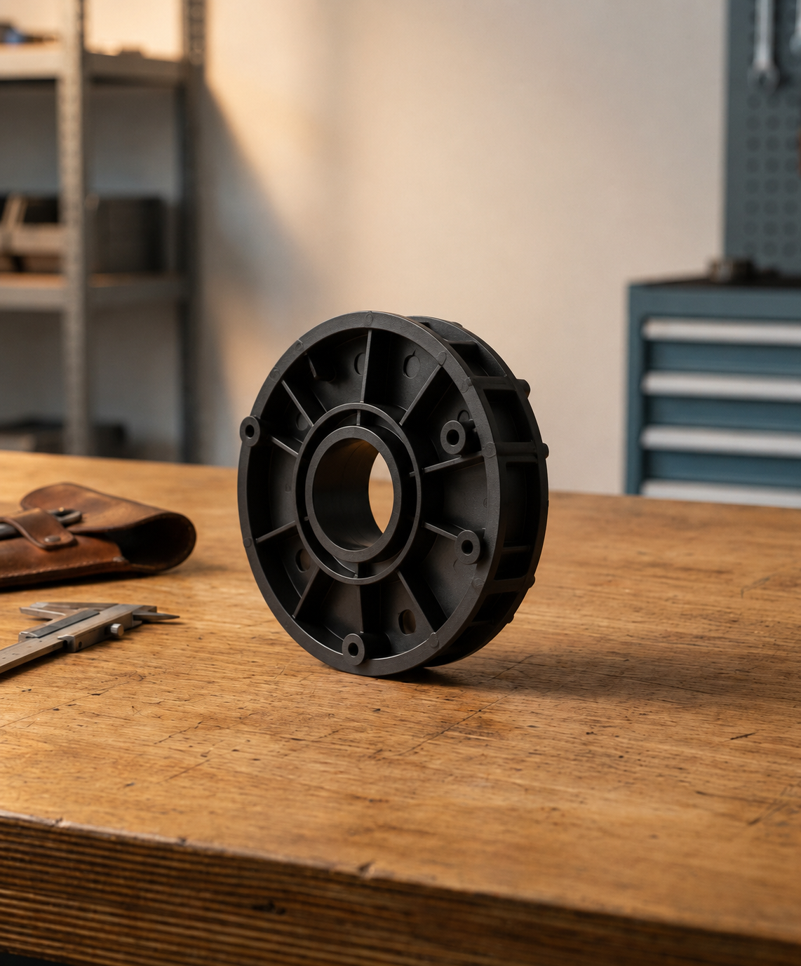 A black plastic wheel hub sitting on a wooden workbench in a workshop, with a caliper and a leather tool pouch nearby.