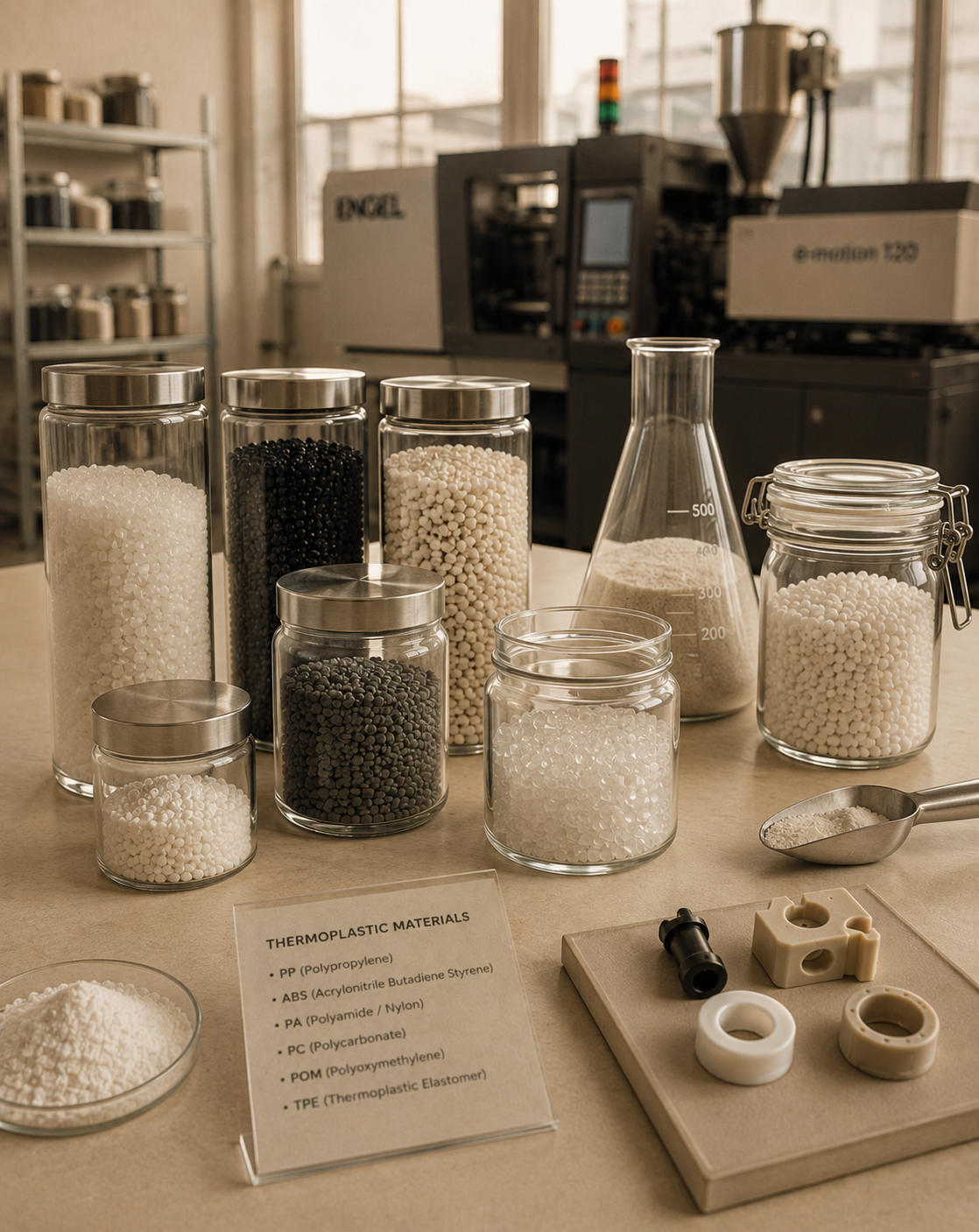 Glass jars and containers filled with white, black, and beige granules or pellets, and thermoplastic materials listed on a sign, including polypropylene, ABS, polyamide, polycarbonate, polypropylene oxide, and thermoplastic elastomer, in a lab or manufacturing setting.