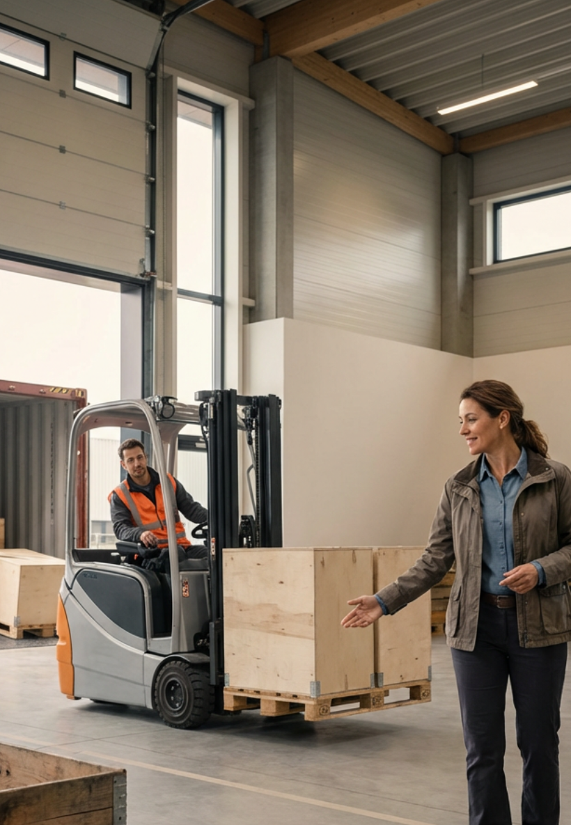 A woman is in a warehouse, gesturing towards a forklift operator who is lifting a wooden crate.