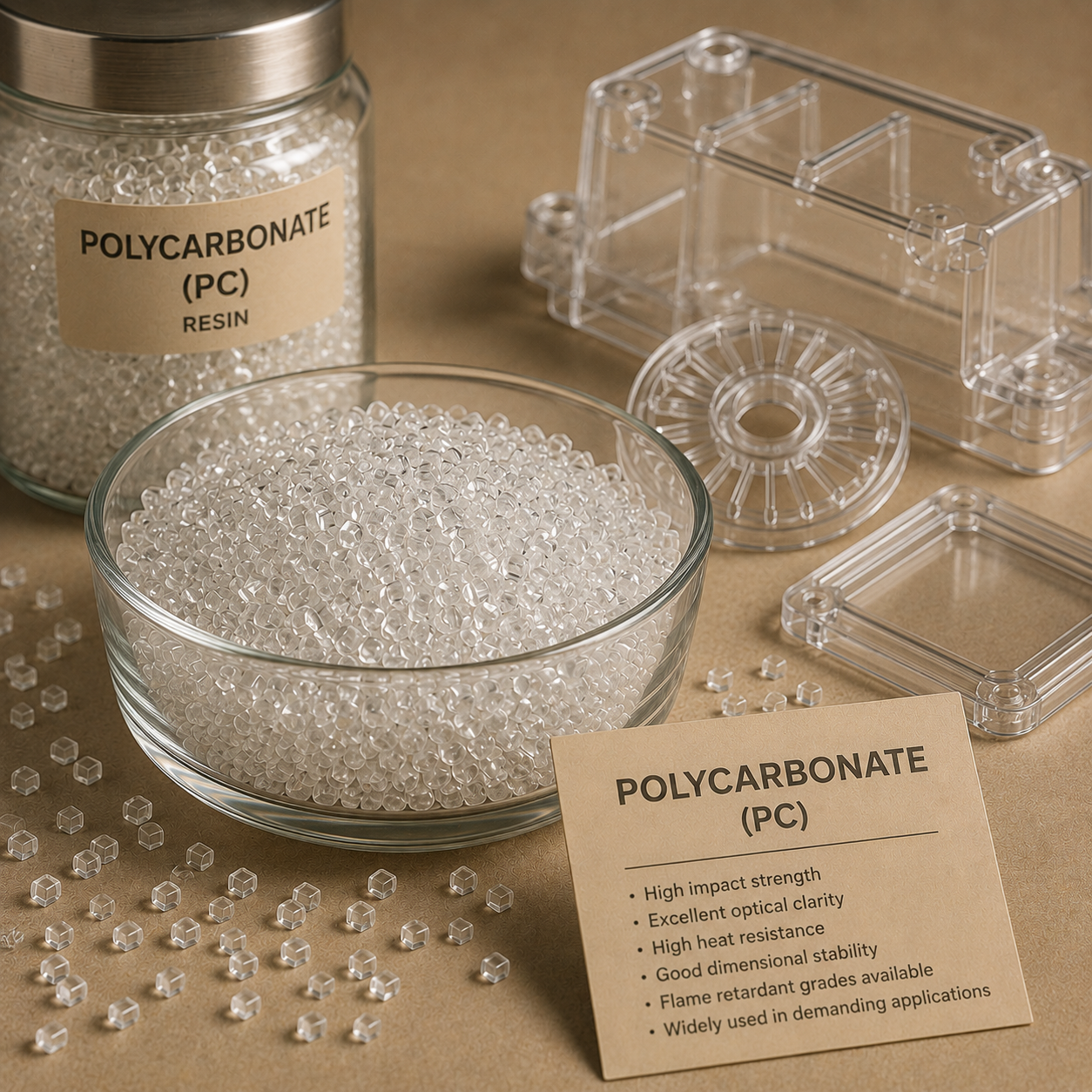 Close-up of a glass bowl filled with small clear polycarbonate beads, next to a jar labeled 'Polycarbonate (PC) Resin', with plastic parts and a card listing polycarbonate's features.