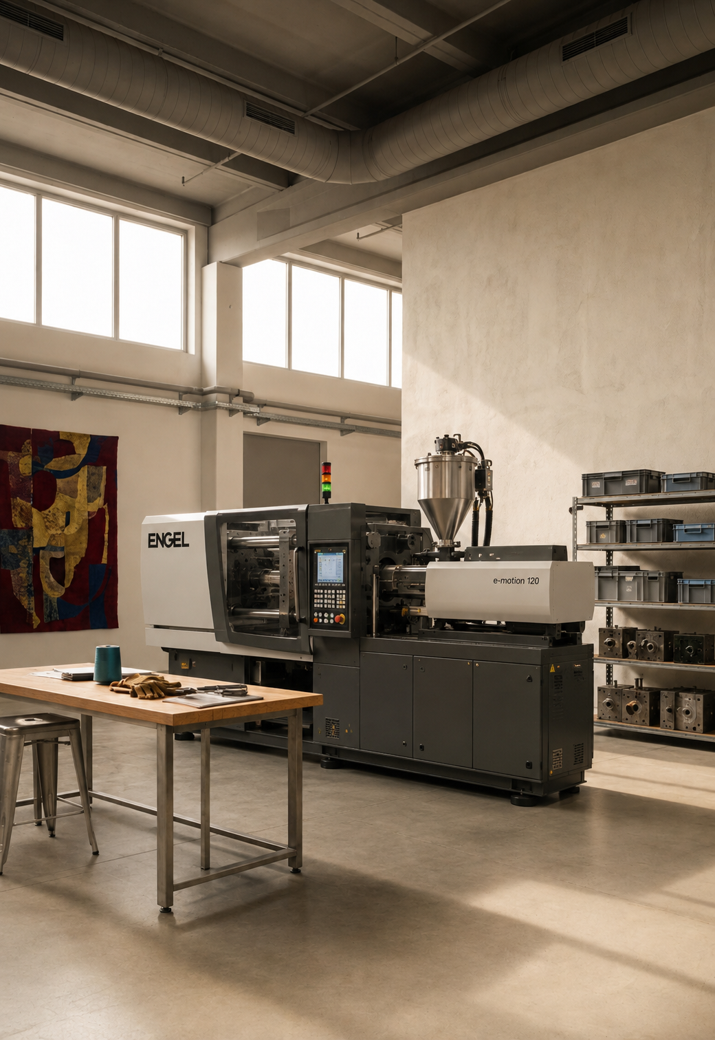 Industrial 3D printing machine in a bright workshop with large windows and art on the wall.