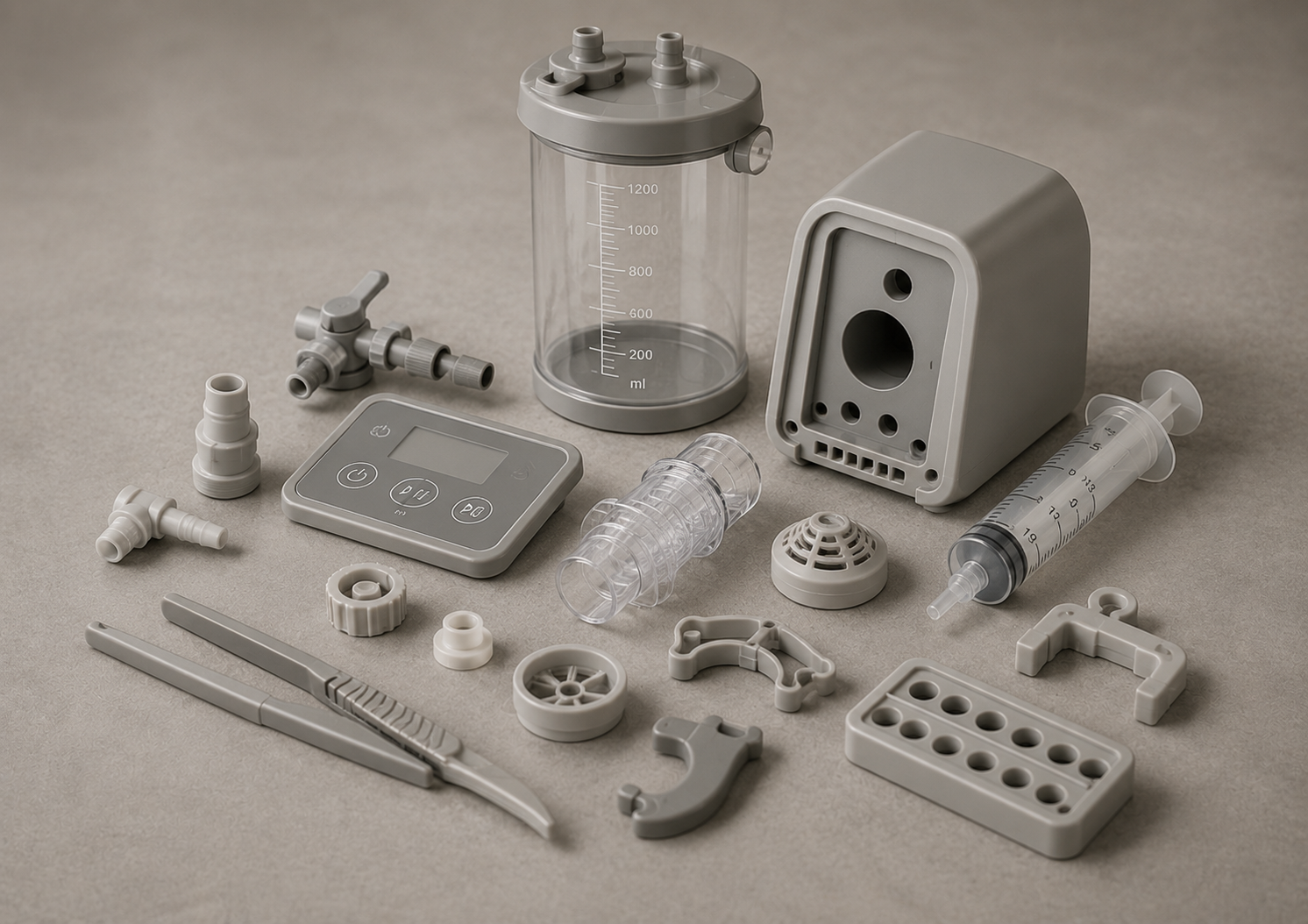 Various components of a nebulizer medical device, including a medication cup, tubing, mouthpiece, control panel, and other plastic parts, laid out on a beige surface.