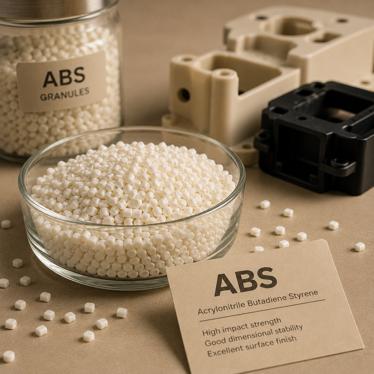 A glass bowl filled with small white ABS plastic granules, with a jar labeled 'ABS Granules' and a label describing ABS as high impact strength, good dimensional stability, and excellent surface finish, along with some mechanical parts and scattered granules on a beige surface.
