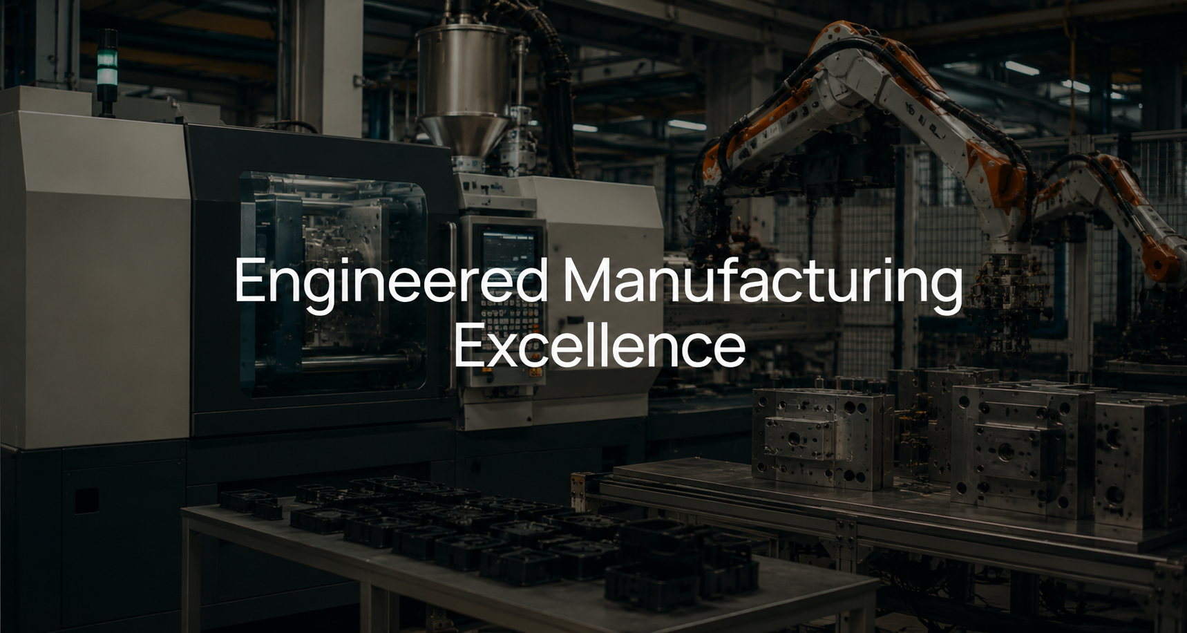 Industrial manufacturing factory with robotic arms and machinery, overlaid with the text "Engineered Manufacturing Excellence."