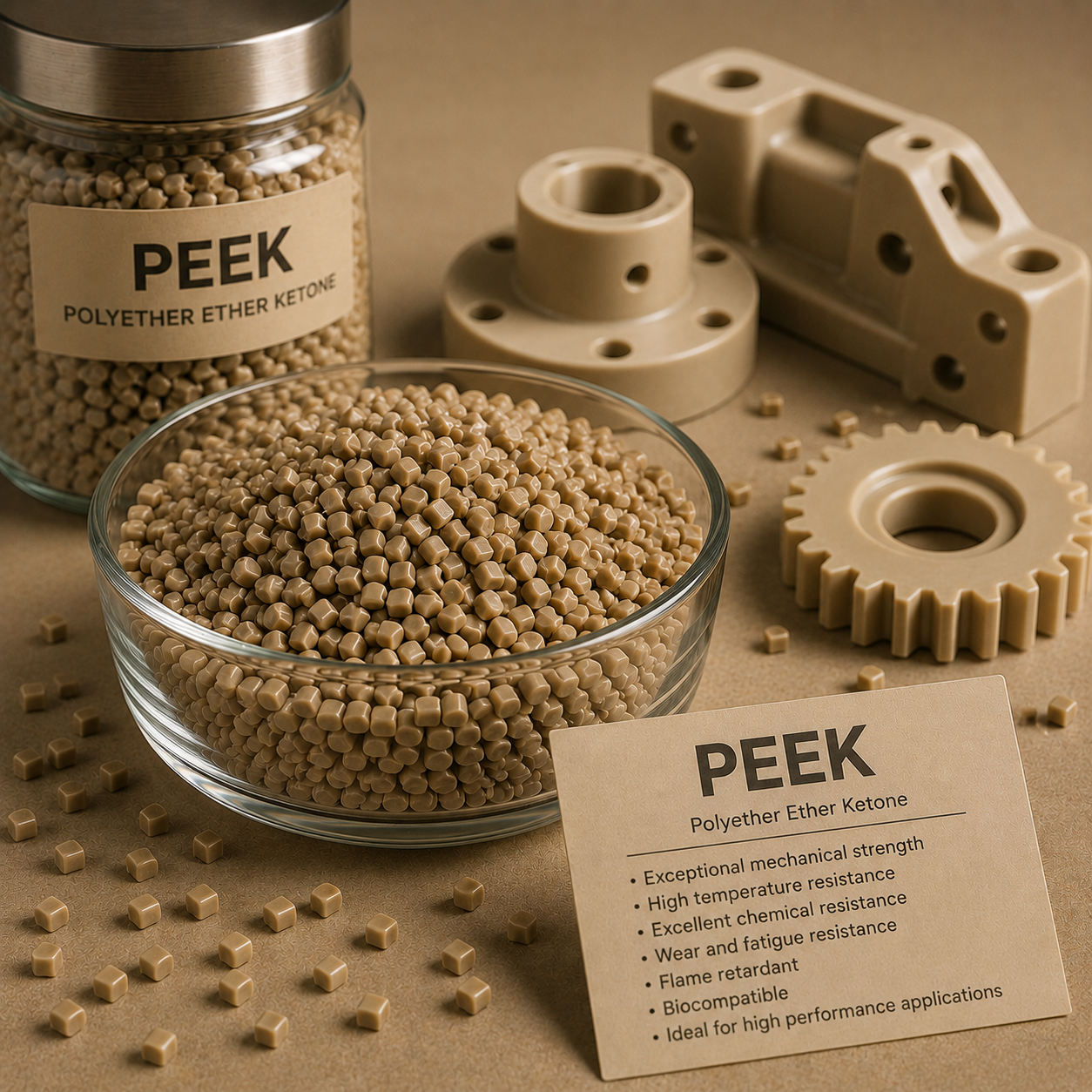 Glass jar and bowl filled with beige plastic pellets labeled 'PEEK Polyether Ether Ketone,' surrounded by mechanical parts and a descriptive sign listing PEEK's properties.
