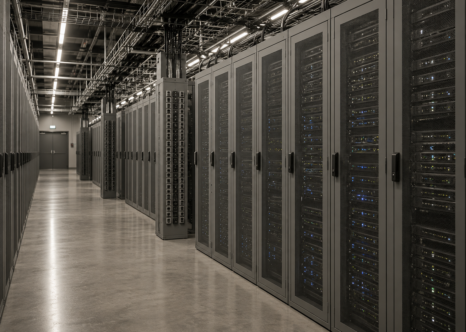 Data center with rows of server racks and cabinets in a dimly lit room.