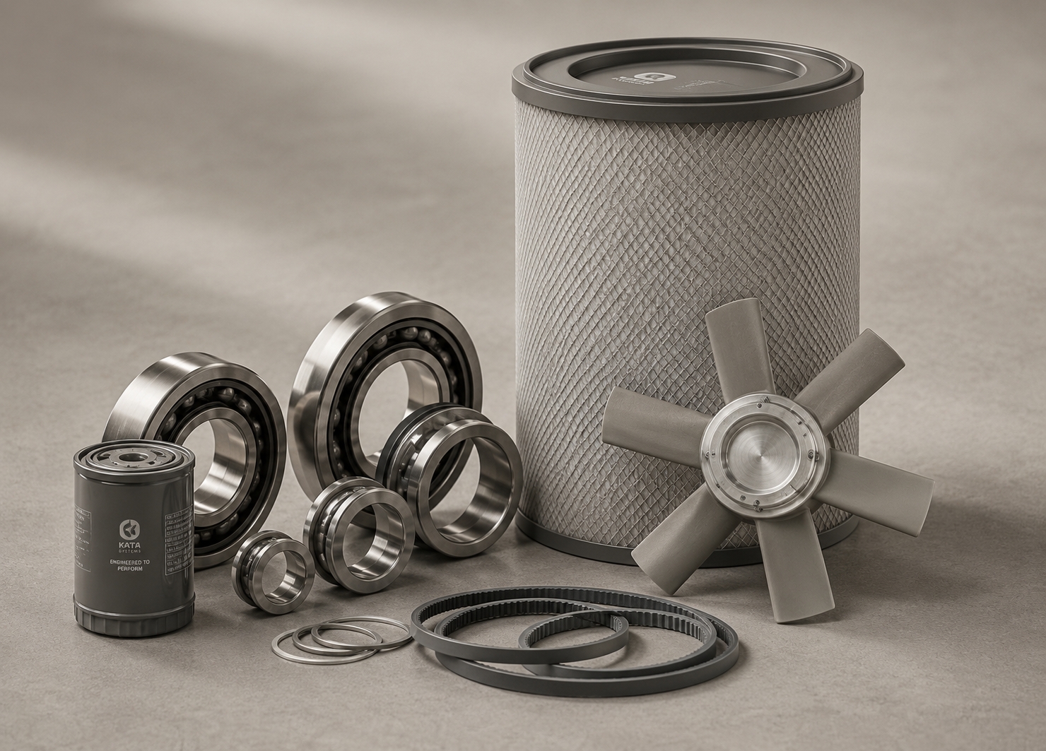 Various automotive parts including a large air filter, bearings, a fuel filter, belts, a water pump, and a fan. Items are arranged on a neutral background.