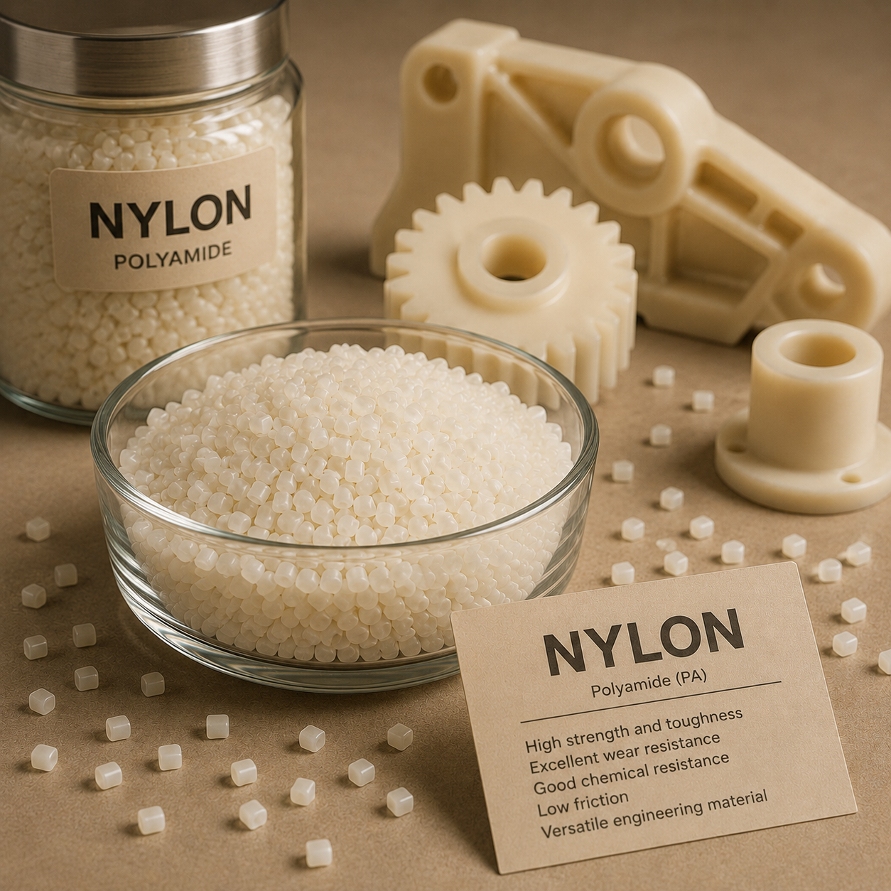 A glass bowl and a jar filled with small white nylon polyamide beads. There are also white plastic gears and other machine parts, with a descriptive card listing the properties of nylon.