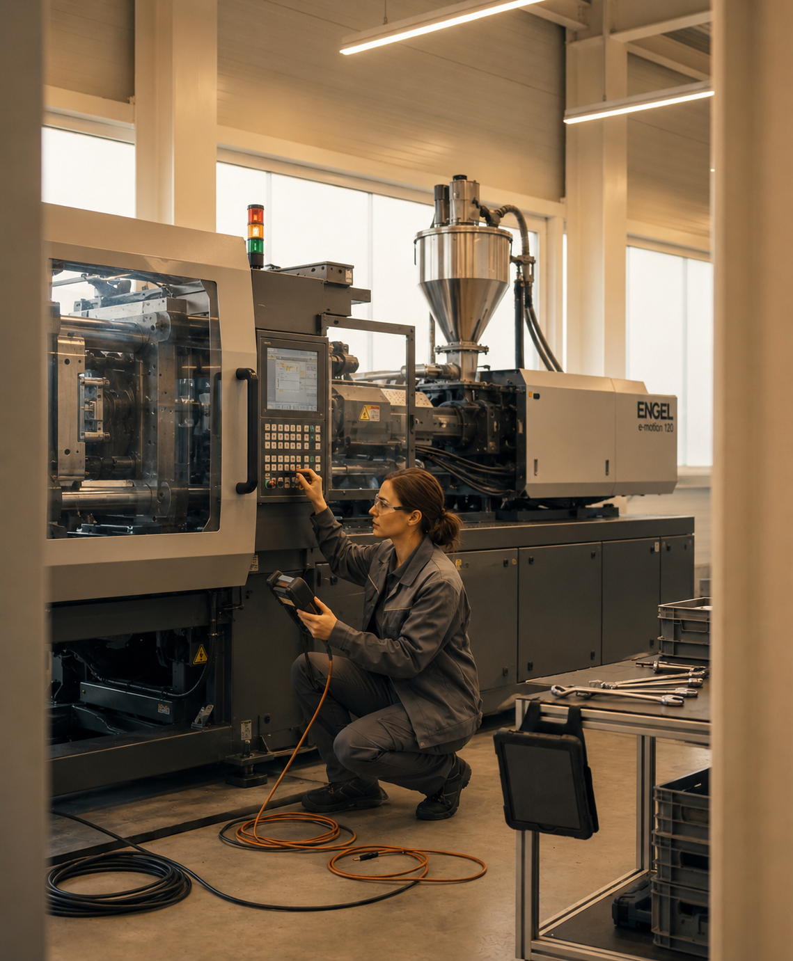 A woman in safety glasses and work clothes operating industrial machinery in a factory setting, with tools and equipment nearby.