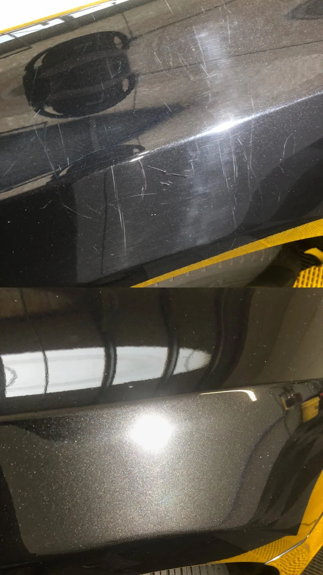 Une voiture noire montrée avec des éraflures visibles sur la surface de la carrosserie, notamment sur le capot.