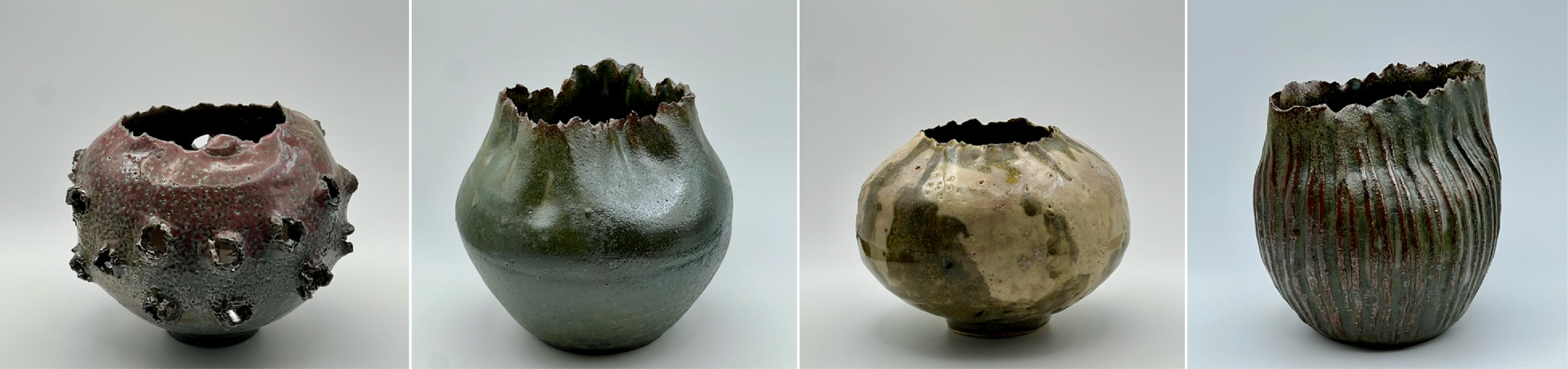 Four ceramic vases with different textures and colors, displayed against a plain background.