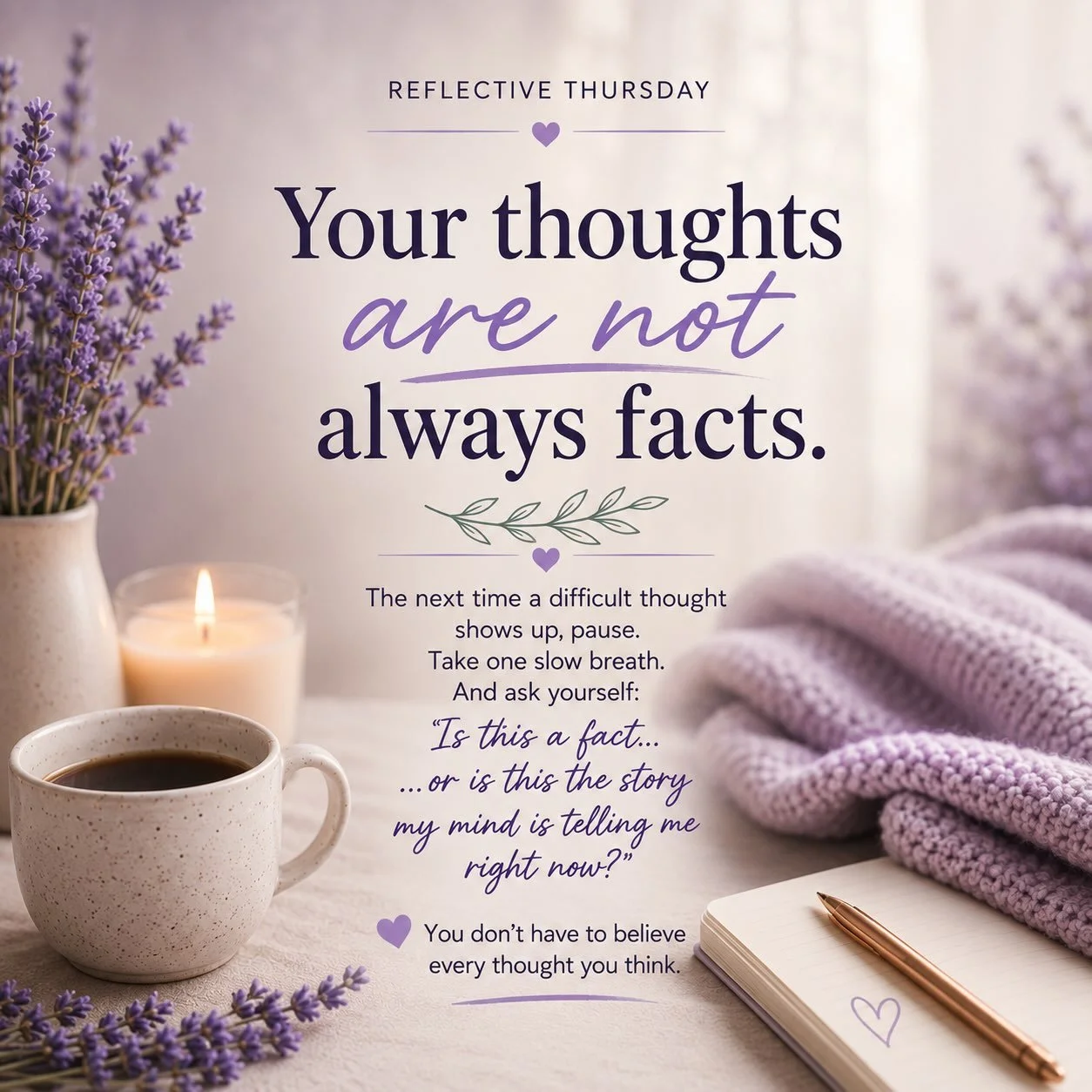 💜 Reflective Thursday

Our minds are powerful storytellers.

Sometimes a thought feels true simply because it&rsquo;s loud.
Or familiar.
Or because we&rsquo;ve heard it so many times that we&rsquo;ve stopped questioning it.

That doesn&rsquo;t neces