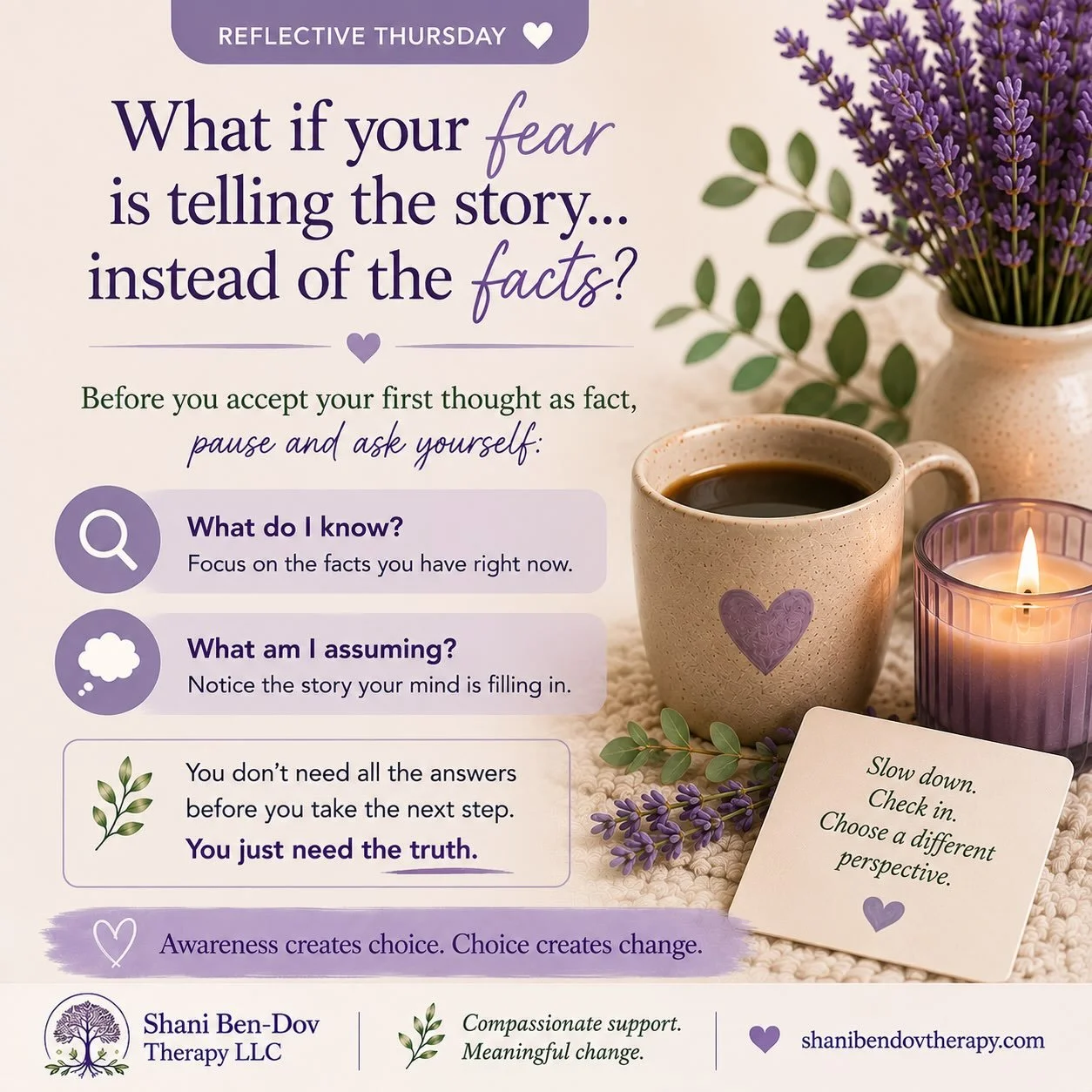 💜 Reflective Thursday

Have you ever noticed how quickly your mind can fill in the blanks?

One unanswered text.

One unexpected change.

One uncertain situation.

Before long, your mind has already written a story about what must be happening.

The