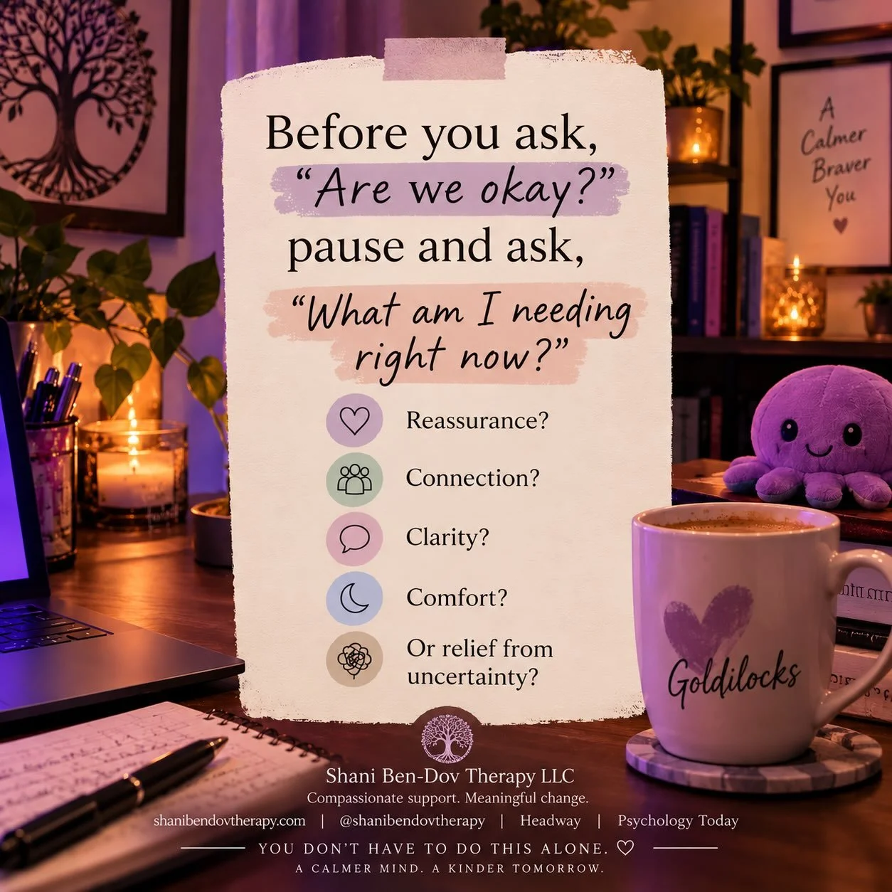 Sometimes the urge for reassurance arrives so quickly that we respond to it before we&rsquo;ve had a chance to understand what we&rsquo;re actually asking for.

Are you mad at me?
Are we okay?
Did I do something wrong?
Are you sure?

There&rsquo;s no