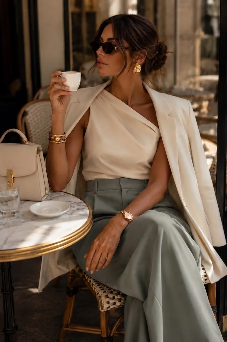 Mujer elegante con gafas oscuros, blusa blanca, pantalones gris claros y blazer, sentada en cafetería, sosteniendo una taza, accesorios dorados, bolso claro en la mesa.