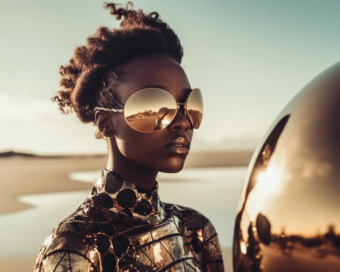 Mujer con cabello rizado, gafas de sol doradas y ropa metálica brillante, junto a casco en un paisaje de playa al amanecer o atardecer