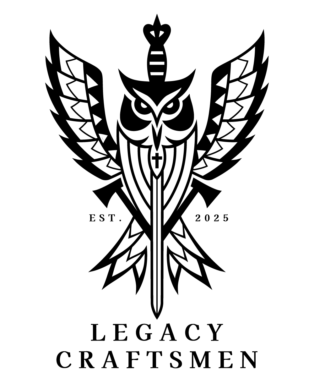 Black and white graphic design featuring an owl with wings spread, a sword vertically aligned through its body, and a snake coiled on its head. Text reads "EST. 2025" on either side of the sword and "LEGACY CRAFTSMEN" below.