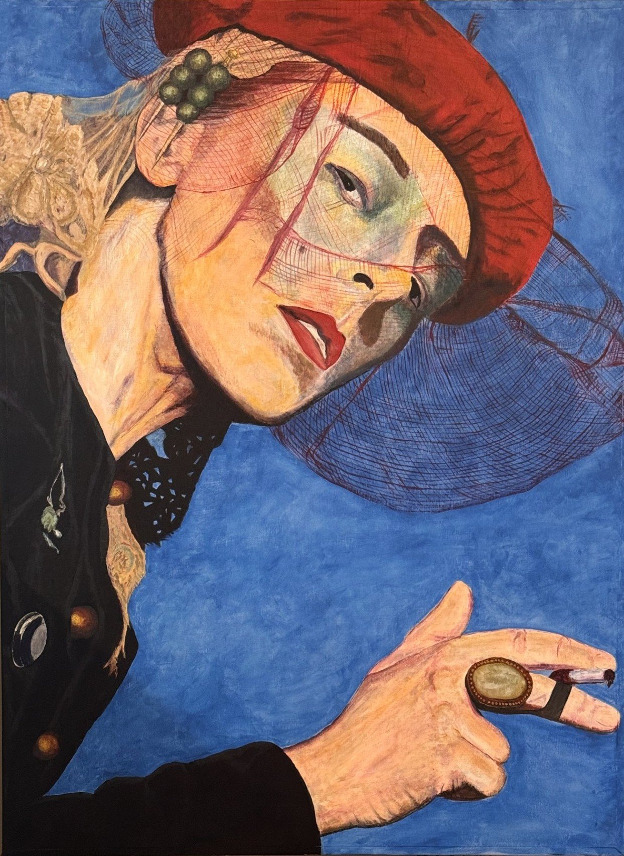 A painting of a woman with a large red hat, blonde hair, and wearing a black outfit with gold accents. She has blue eyes, red lipstick, and is holding a ring in her hand, which is visible in the foreground.