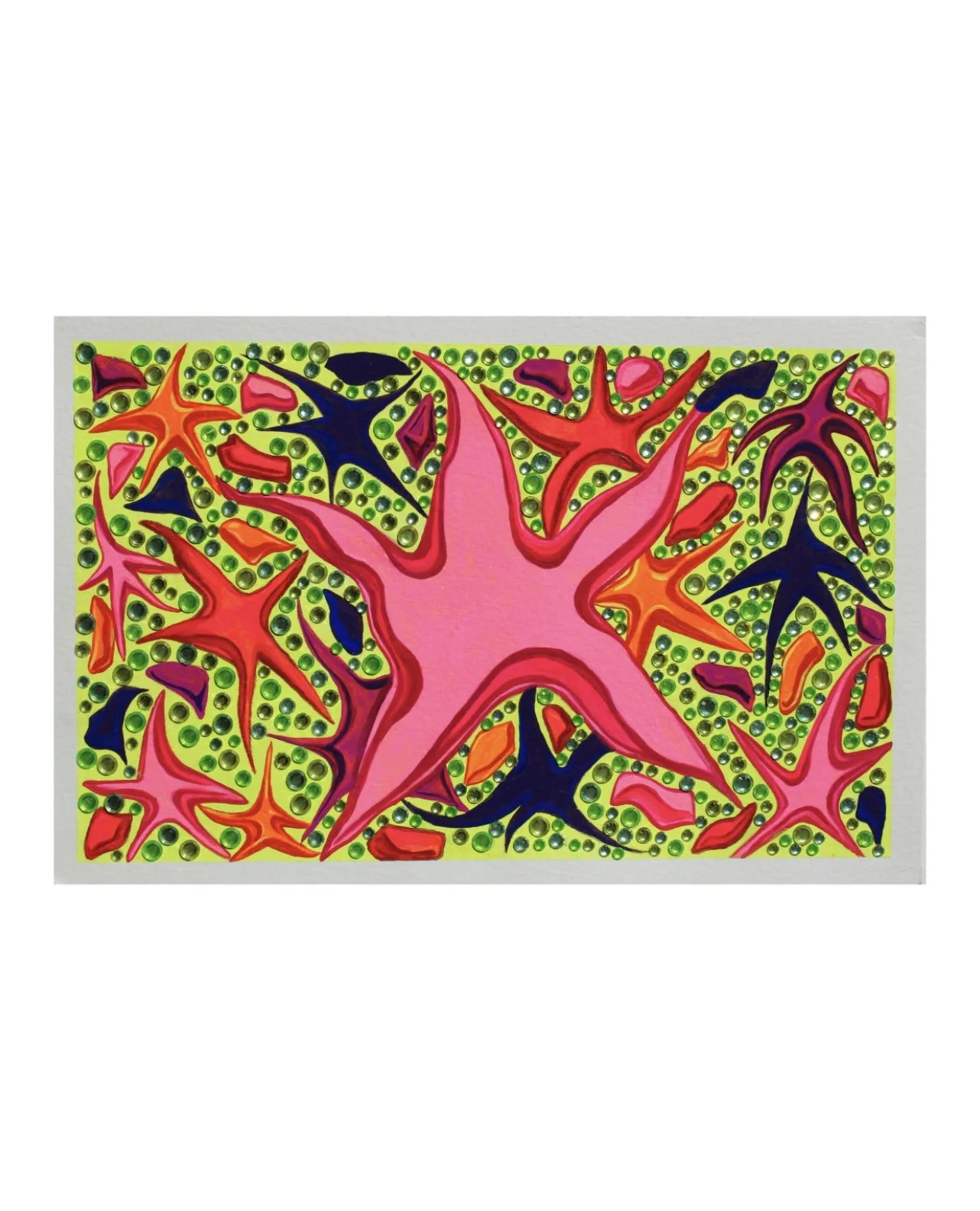 Abstract painting featuring a large pink star surrounded by colorful star-shapes in red, orange, pink, and dark blue, with green sequins filling the background.