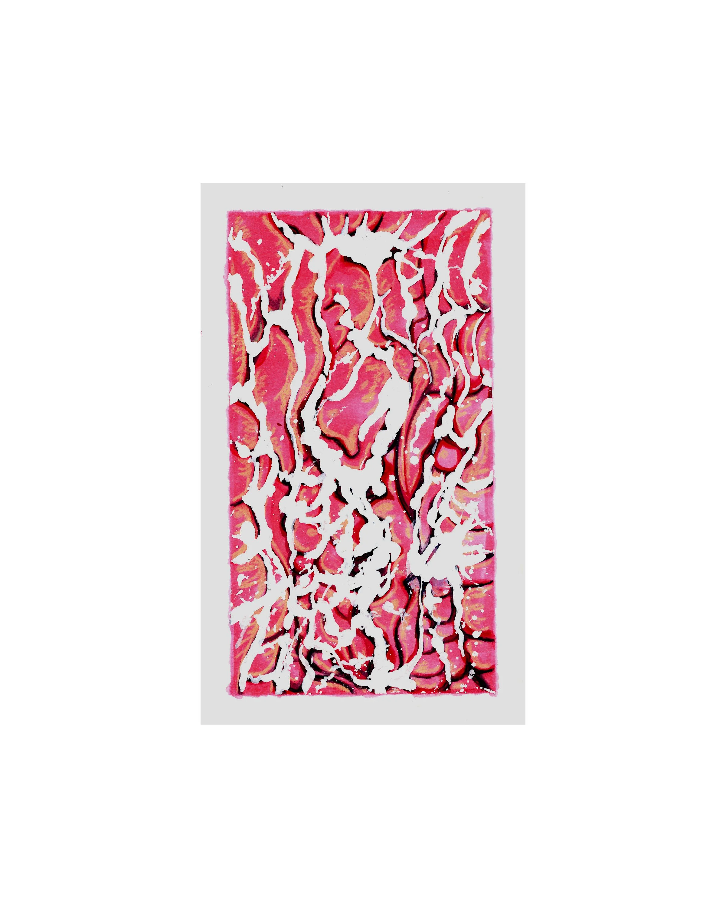 Close-up of a slice of marbled ham with white fat streaks on a pinkish-red background.