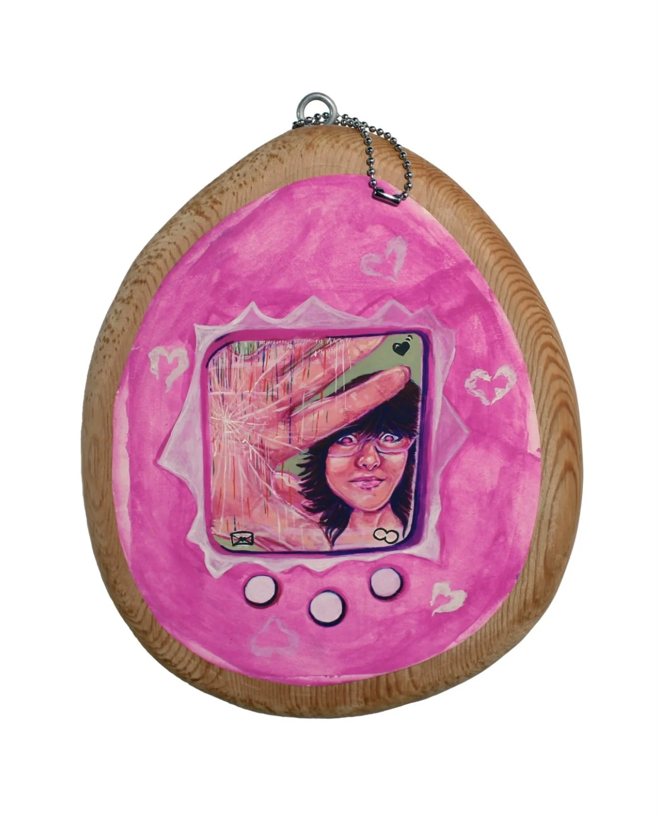 A painted wooden oval with a pink background, featuring a cartoon person wearing glasses, with a large hand and finger pointing towards their forehead. There are small heart and cloud drawings around them.