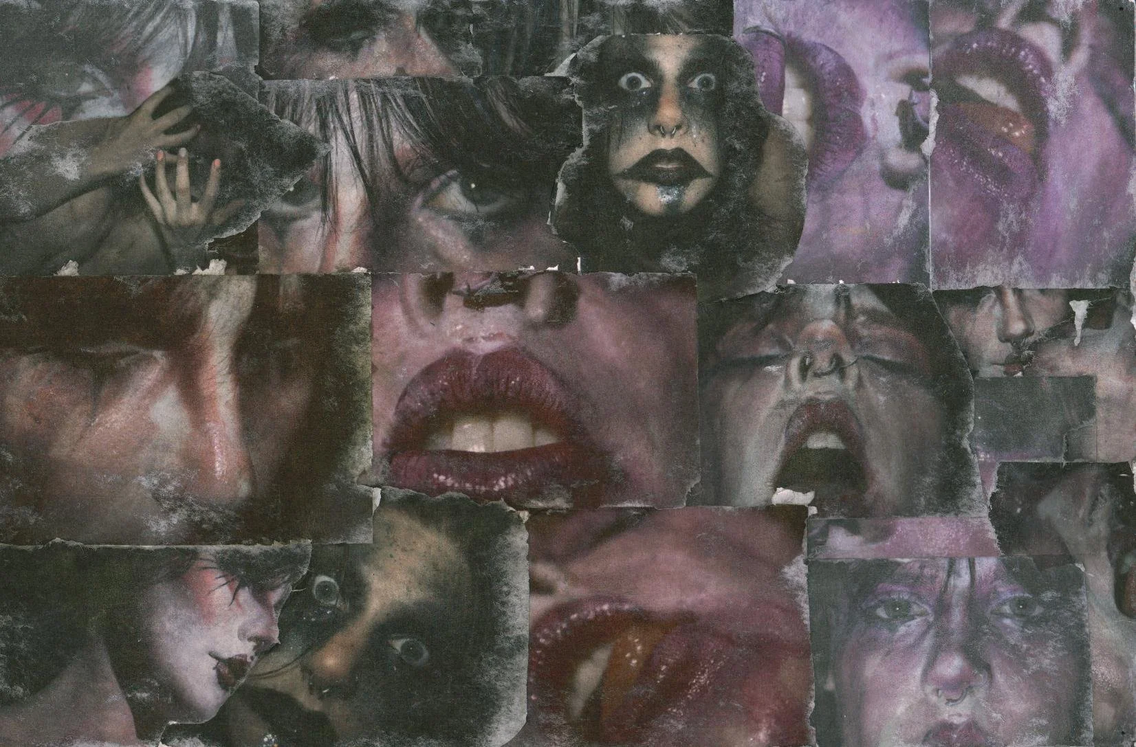 Collage of torn posters featuring abstract and distorted faces and lips, with various expressions including screaming, smiling, and staring, rendered in dark, muted colors.