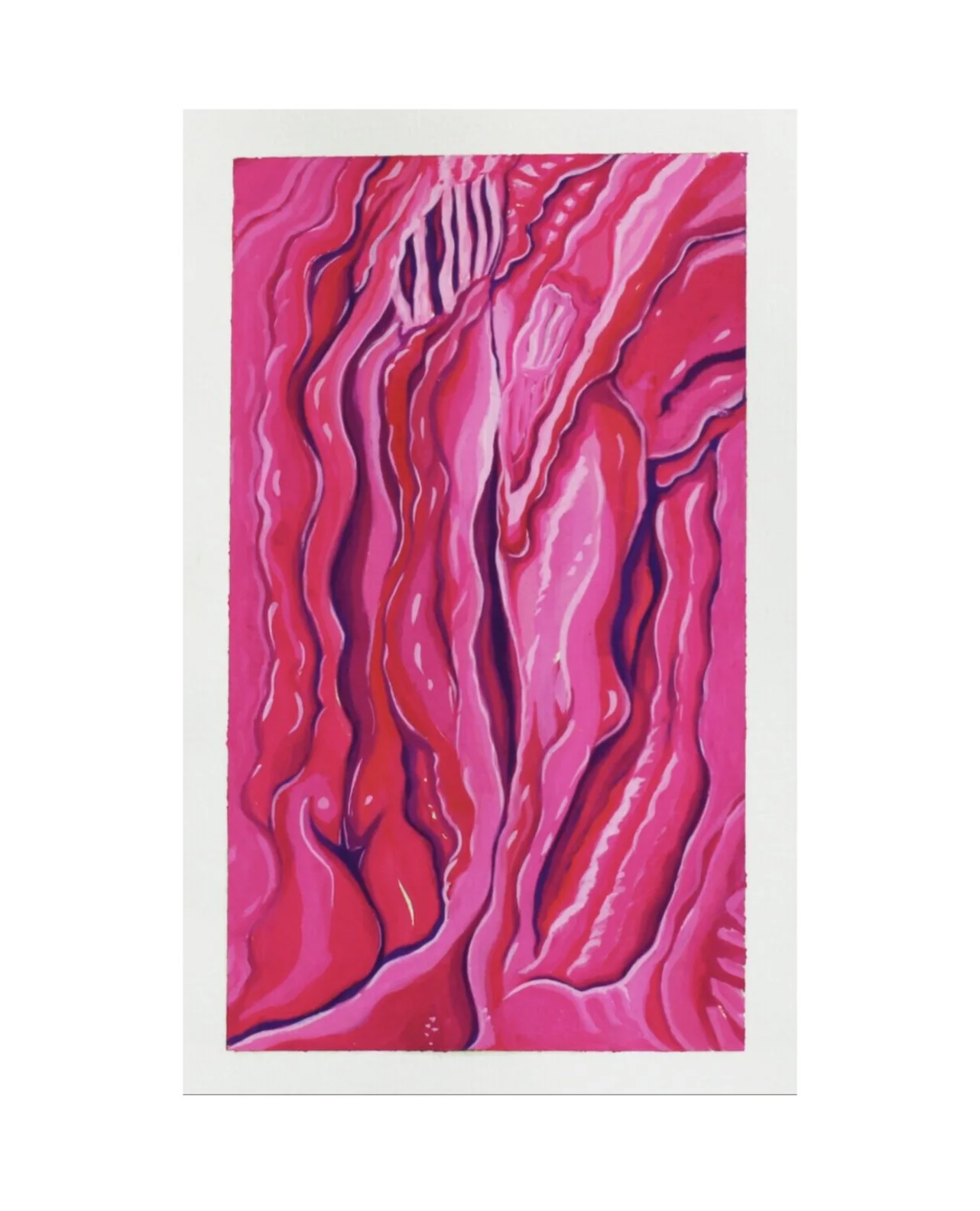 Abstract artwork featuring flowing, layered pink, red, purple, and white lines.