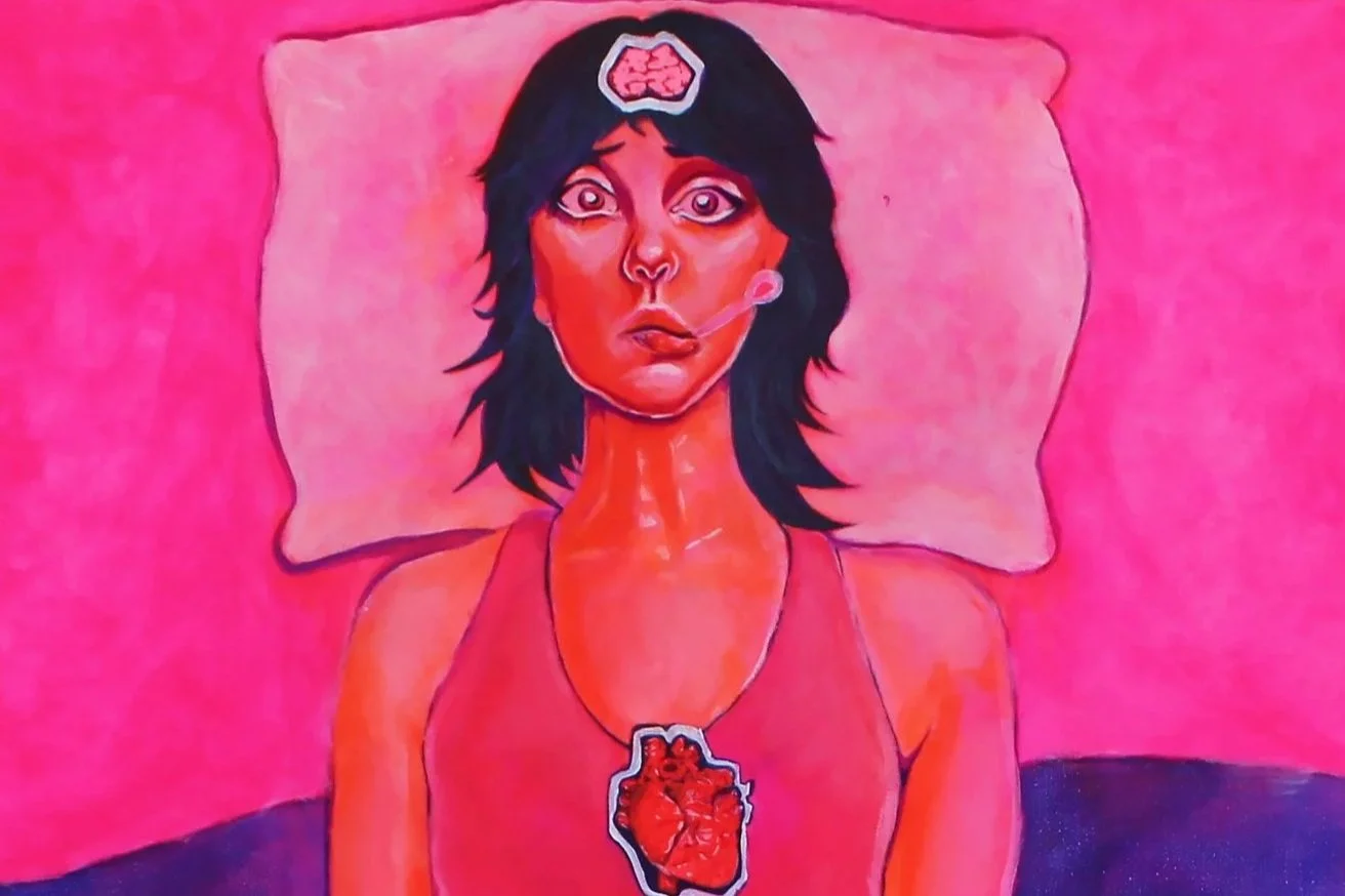 Painting of a person with black hair lying on a pink pillow, wearing a red top and a necklace, against a pink background.