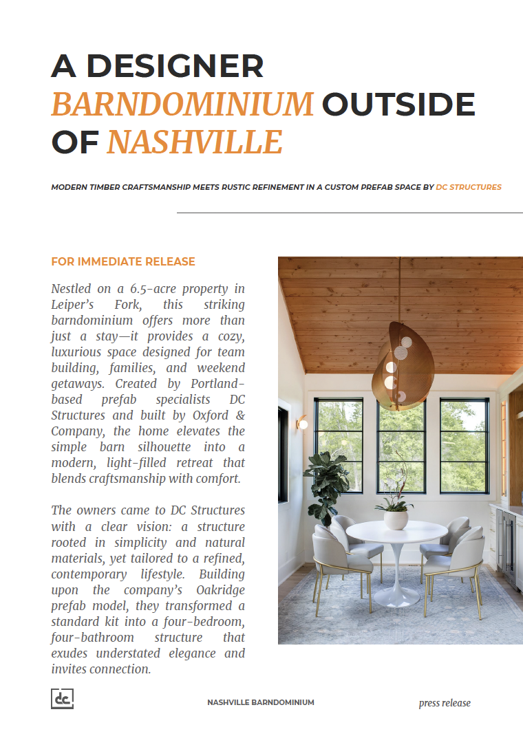 A press release promoting a beautiful designer barndominium in Nashville, Tennessee.