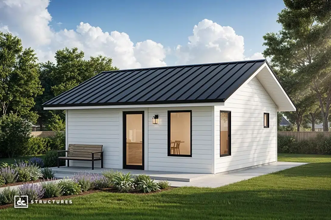 A rendering of an ADU cottage with black-trimmed windows, white board and batten siding, and a grey metal roof.