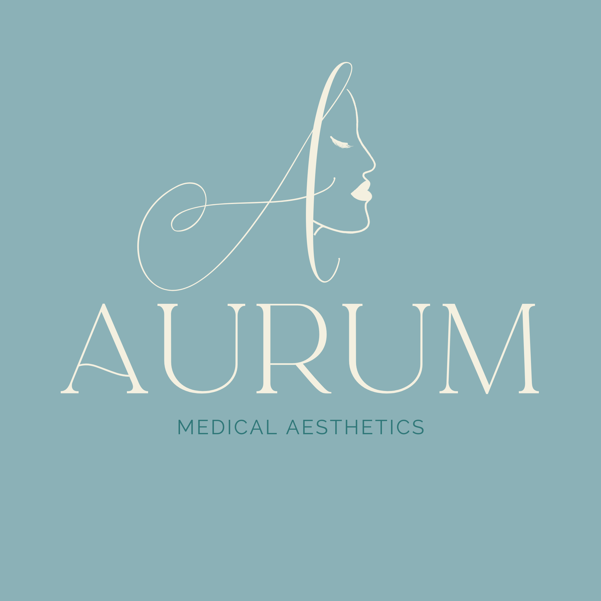 Illustration of a woman's profile with closed eyes, with elegant lines and a soft color palette, representing beauty or aesthetics, and text reading 'AURUM MEDICAL AESTHETICS'.