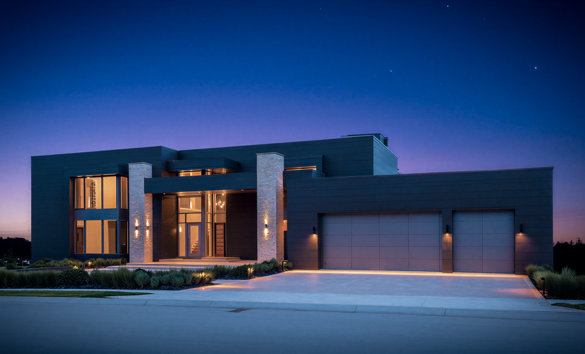 Modern luxury home exterior at night with warm interior lighting and deep blue sky