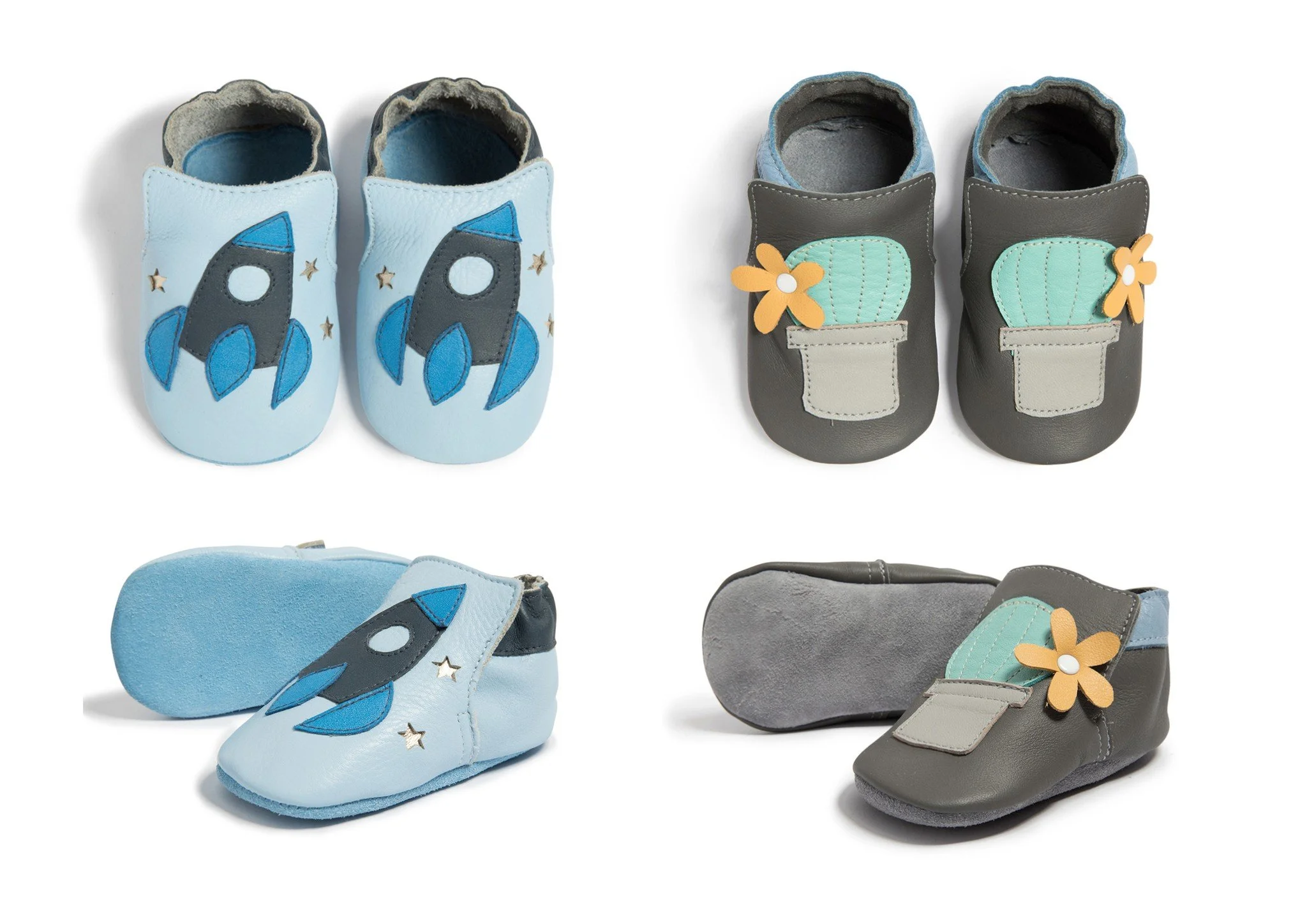 Four pairs of children's shoes with space-themed and nature-themed designs, arranged in two rows on a white background. I designed the motifs.