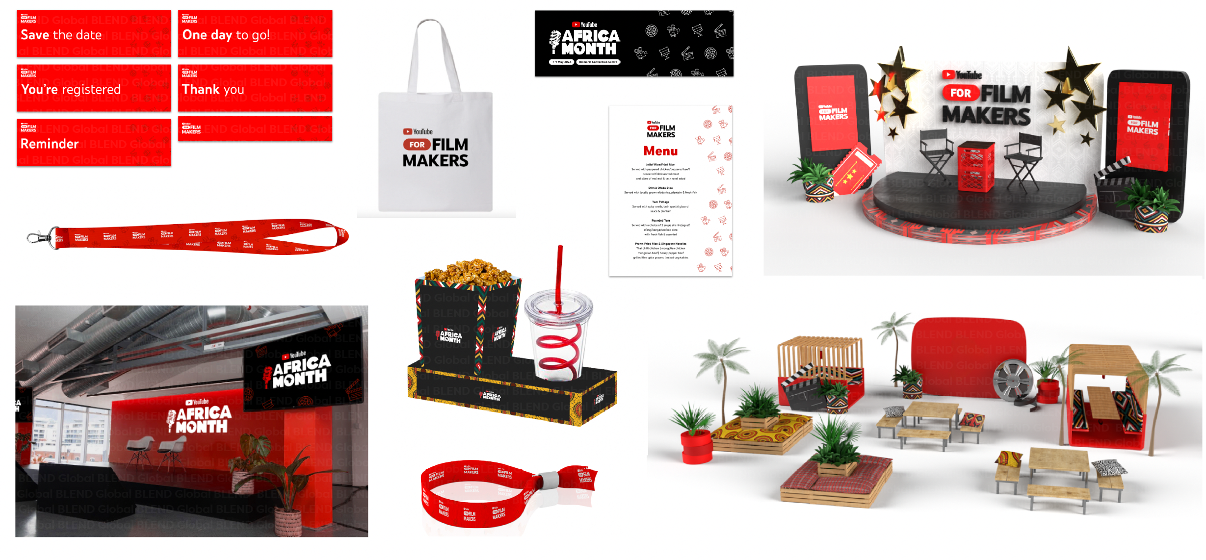 Various promotional items and decor for Africa Month, including a 'Save the Date' card, a 'One day to go!' card, a registered reminder card, a thank you card, a lanyard, tote bag, menu, and decorations like a stage with stars and plants, a large scre