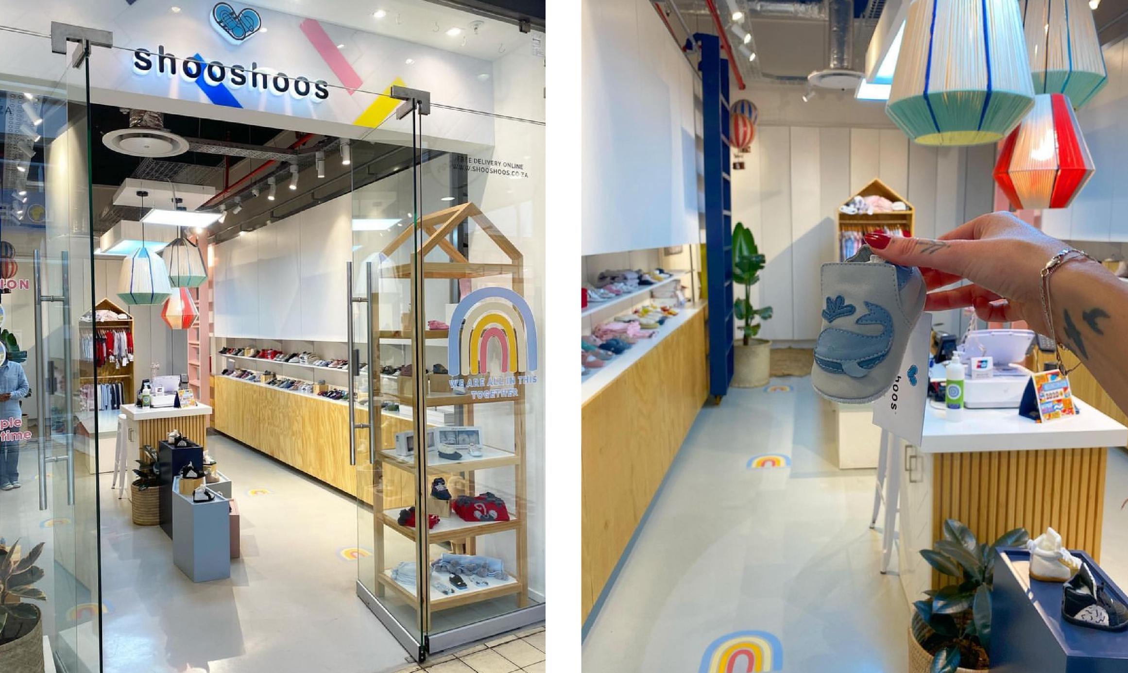 Interior of a children's clothing and accessories store with colorful lighting and rainbow decorations, displaying clothes, shoes, and accessories. I designed the window vinyl for the store at the Waterfront in Cape Town, South Africa.