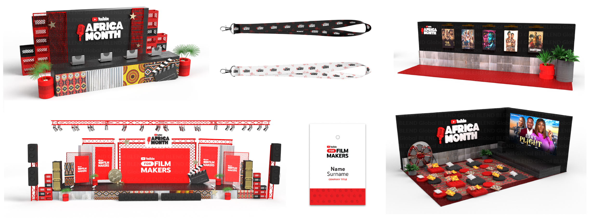 Designs for Africa Month event booths, lanyard, and seating area with themed decorations, 3D renders, screens, and promotional materials.