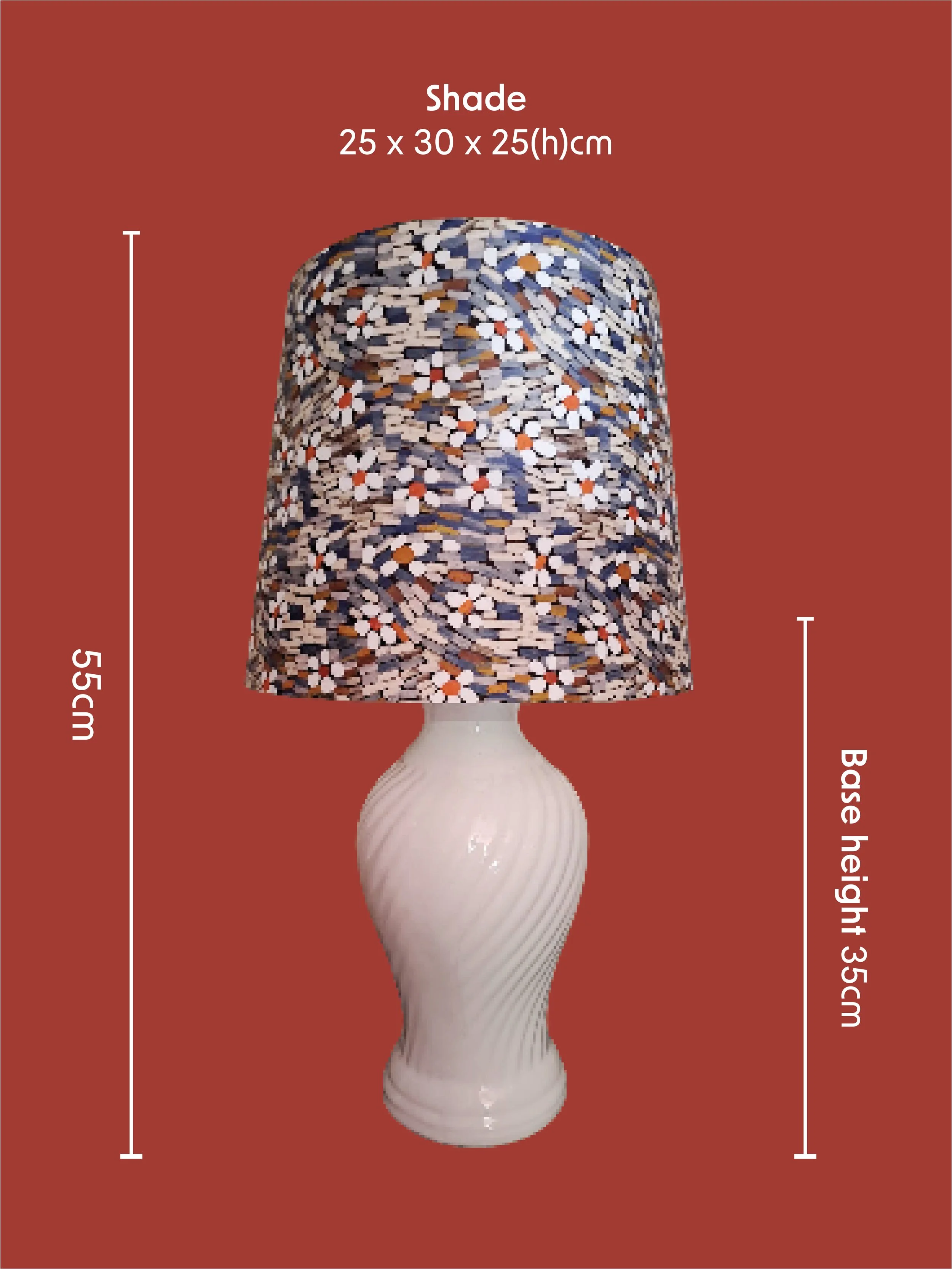 A decorative table lamp with a white, spiral-patterned ceramic base and a multicolored, patterned fabric lampshade, positioned against a reddish background with measurement annotations. I designed a variety of colourful background lampshade social me