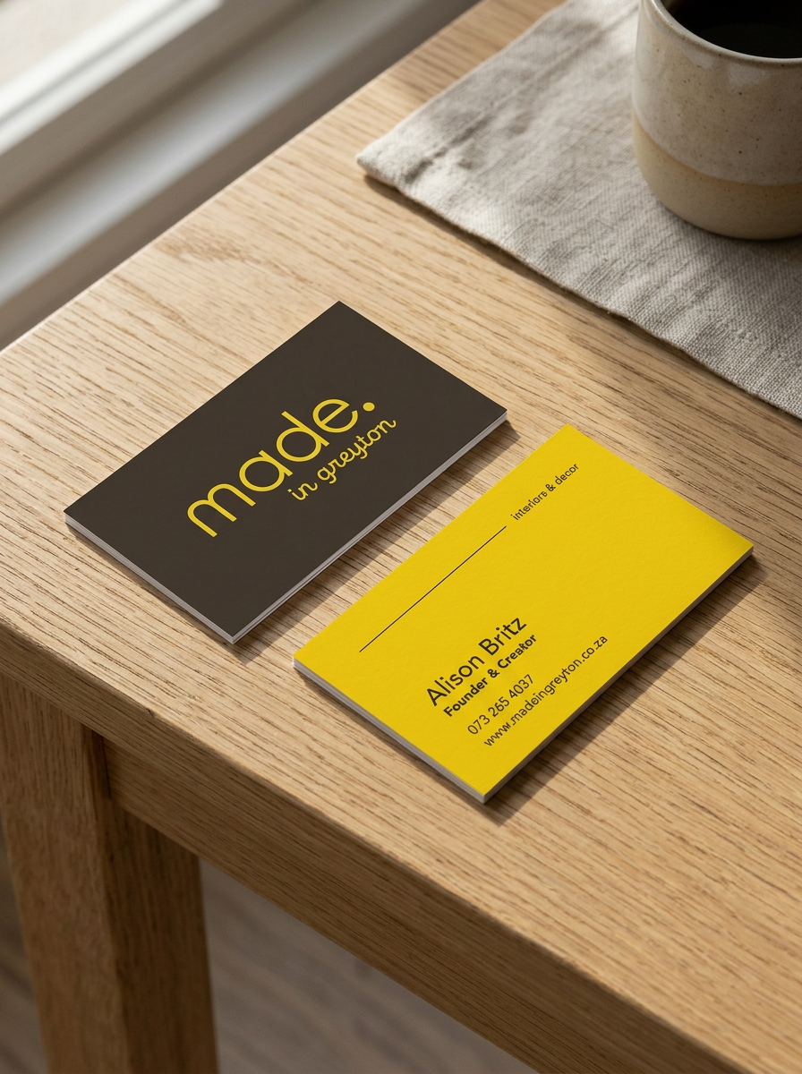 Business cards on a wooden table, one black with yellow text and one yellow with black text, alongside a cup and a cloth napkin.