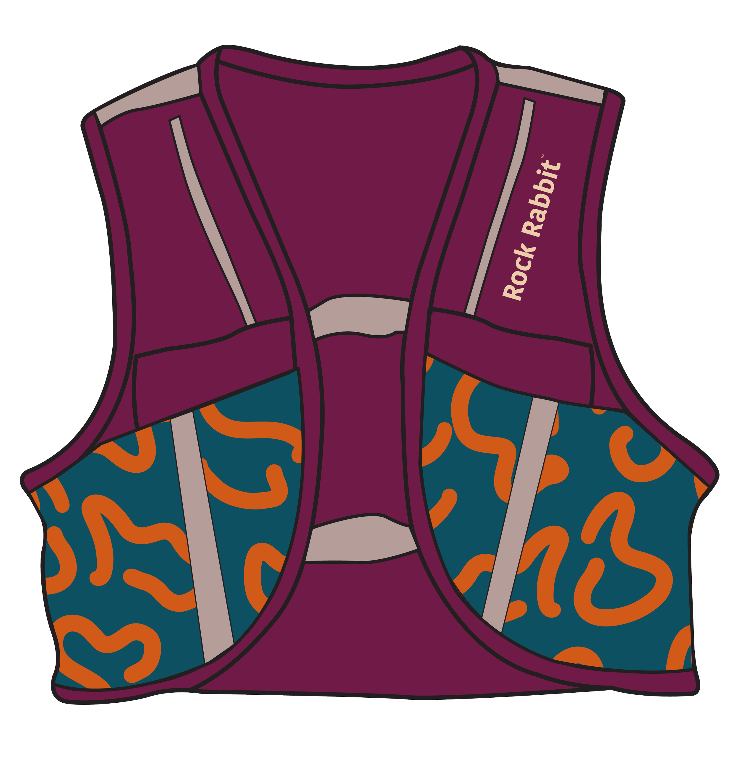 A colorful illustration of a trail running hydration vest with purple, teal and orange patterns and the text 'Rock Rabbbit' on the side. I designed the textile pattern and colour palette.